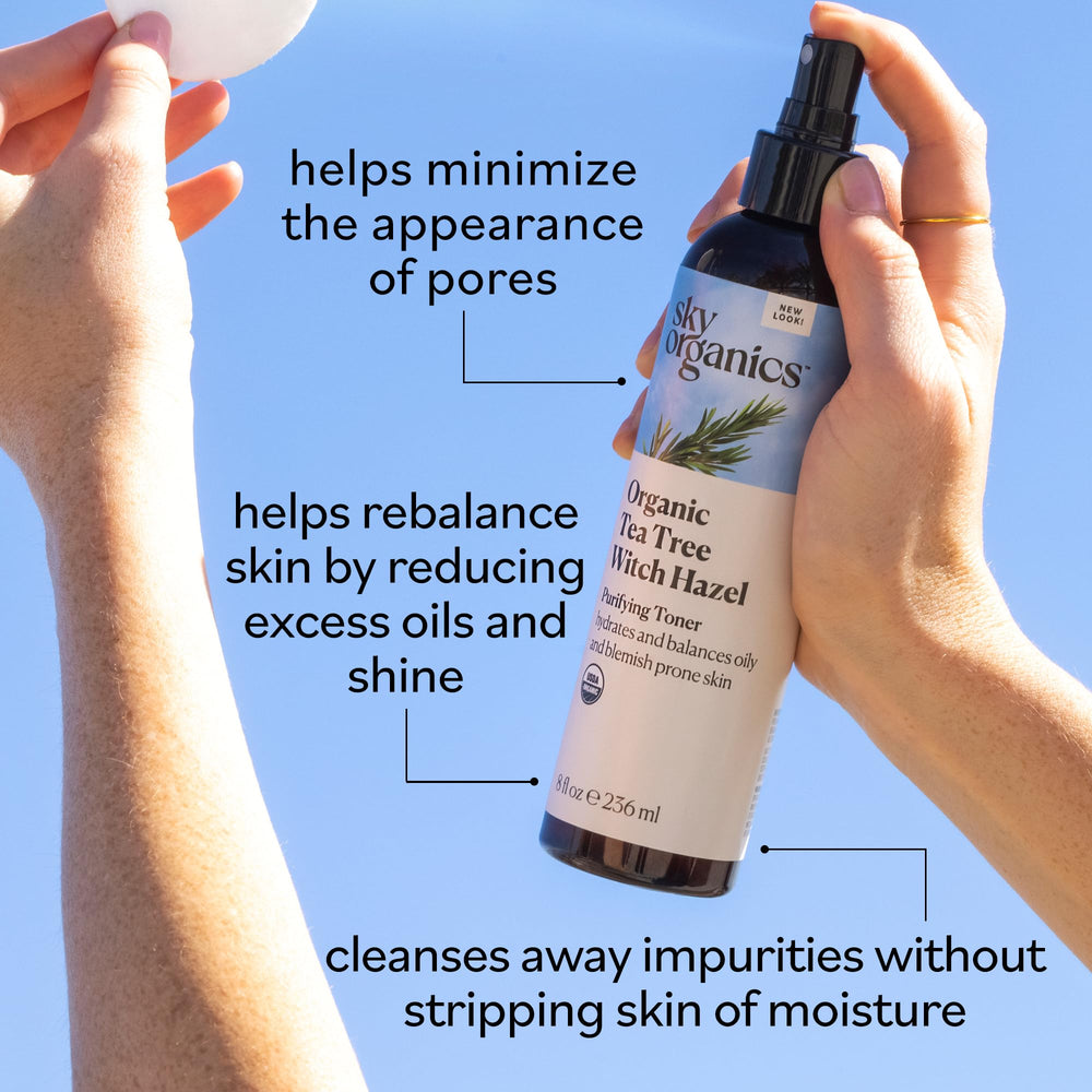 Sky Organics purifying toner applied to a cotton pad for cleansing.