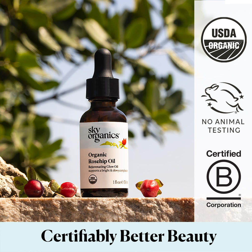 Sky Organics Rosehip Oil used on hair ends for shine and softness.