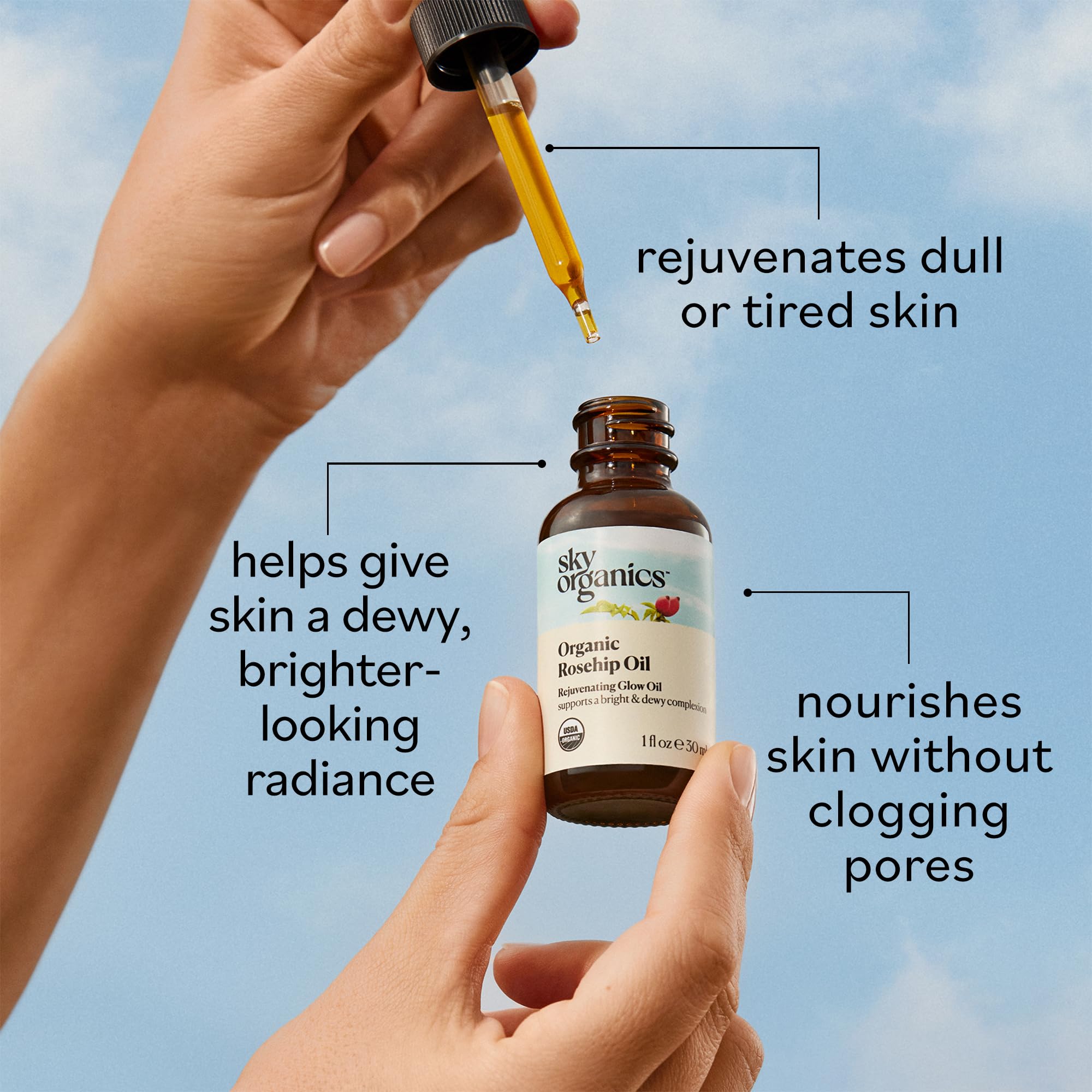 Sky Organics Rosehip Oil single-ingredient formula label close-up.
