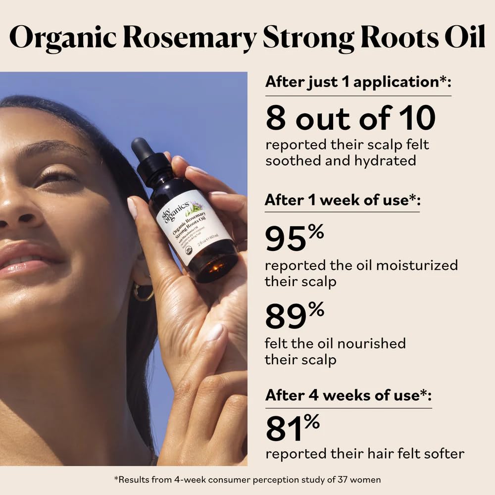 Sky Organics rosemary oil label close-up highlights product details.