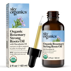 Sky Organics rosemary oil bottle for strong roots and scalp care.
