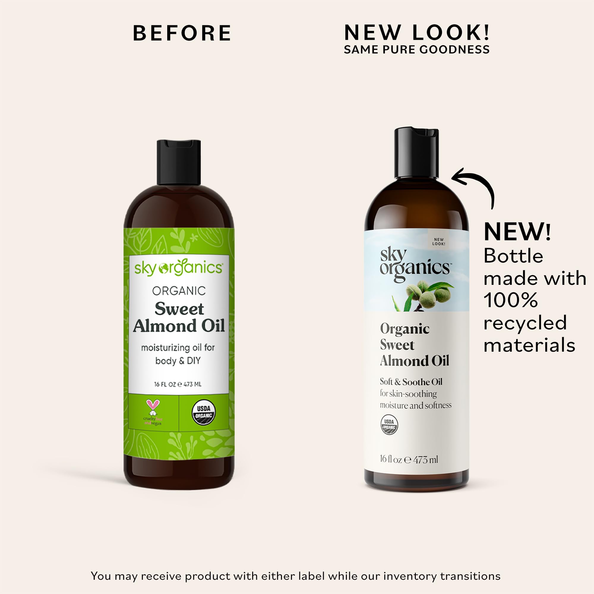 Sky Organics Sweet Almond Oil amber bottle image showing pure, non-greasy moisture.
