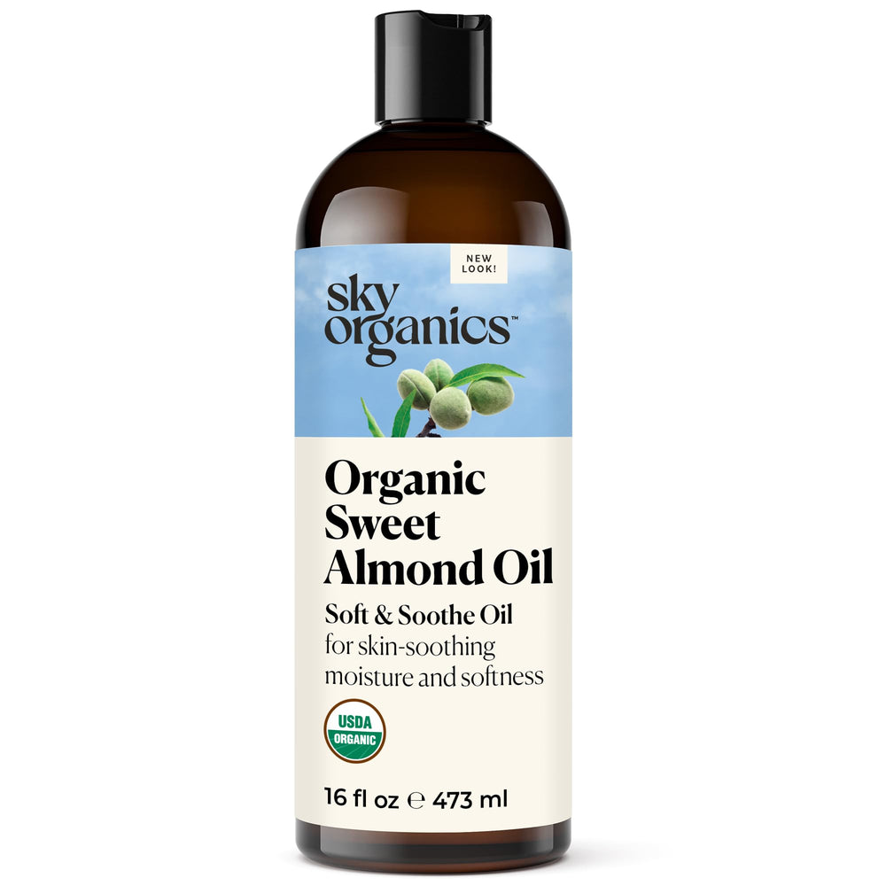 Sky Organics Sweet Almond Oil bottle closeup highlighting lightweight hydration for skin.