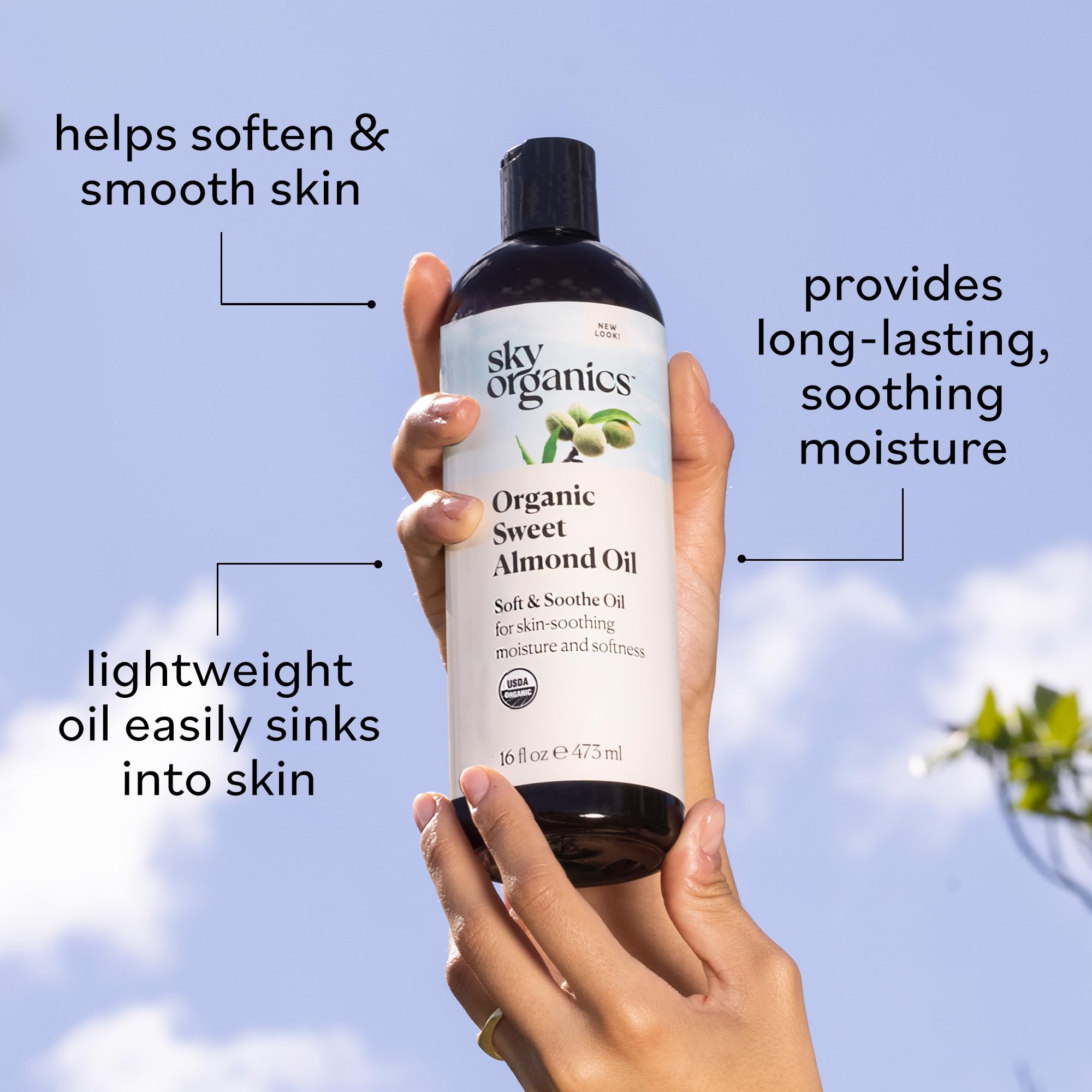 Sky Organics Sweet Almond Oil DIY blend setup for hair and cuticles.
