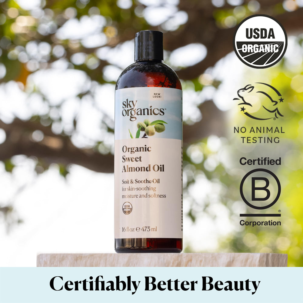 Sky Organics Sweet Almond Oil packaging back emphasizes hexane-free, cold-pressed purity.