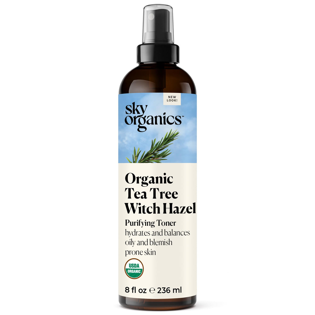 Sky Organics tea tree and witch hazel toner bottle ready for cleansing and balancing.