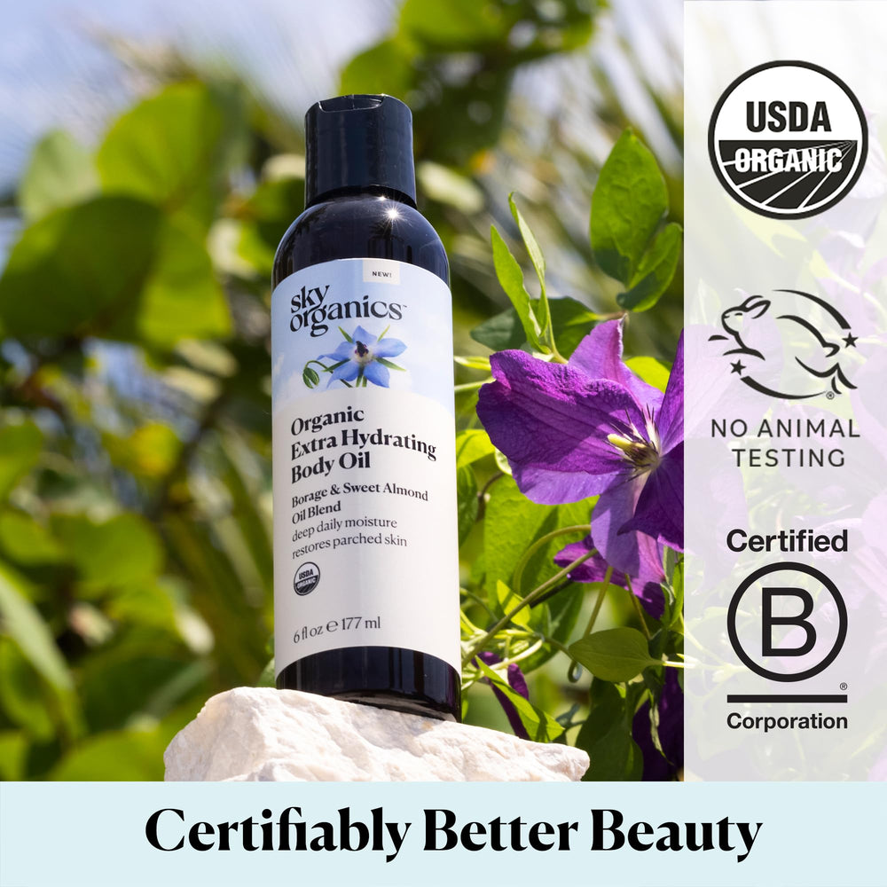 Sky Organics certifications badge featuring USDA Organic and Leaping Bunny