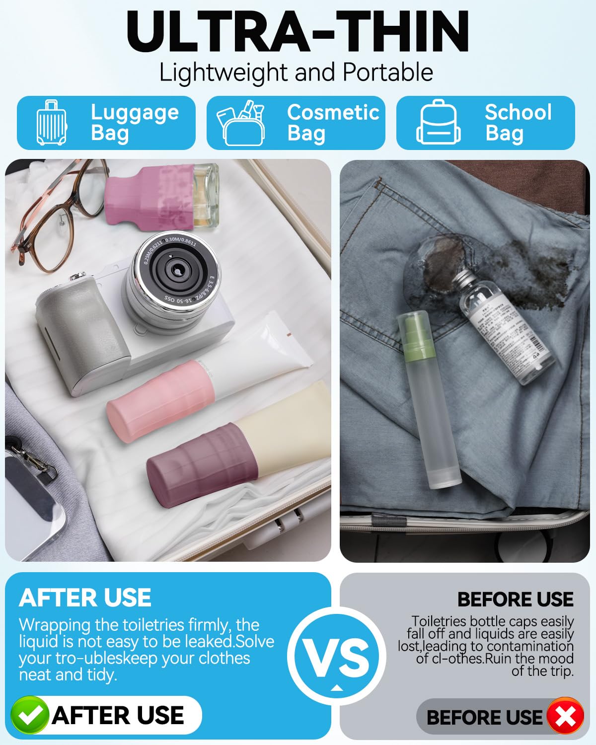 Skyconser leak-proof sleeves attached to a shampoo bottle shows leak prevention in luggage