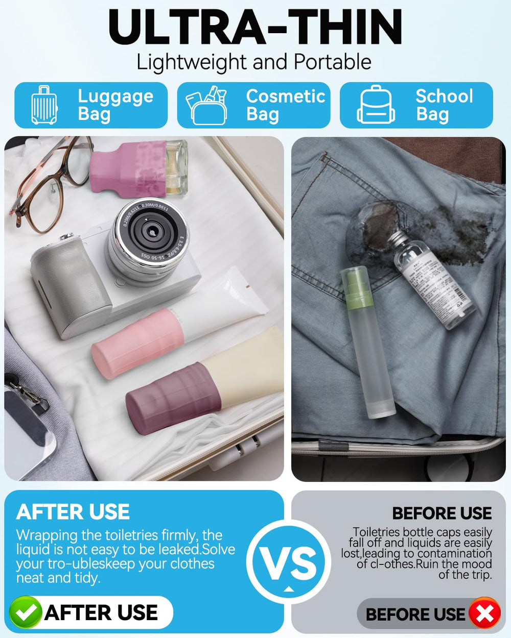 Skyconser leak-proof sleeves attached to a shampoo bottle shows leak prevention in luggage