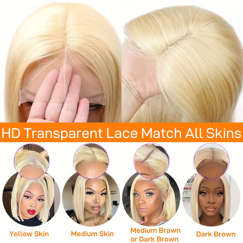 SKYDO 613 Blonde Bob Wig lace closeup highlighting 13x4 HD lace
