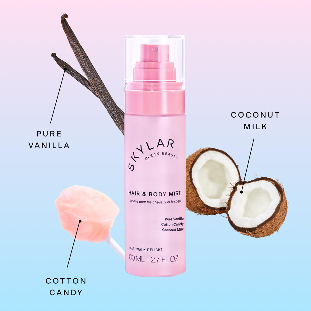 Skylar Boardwalk Delight on-skin scene showcasing portable 80 ml bottle for travel.