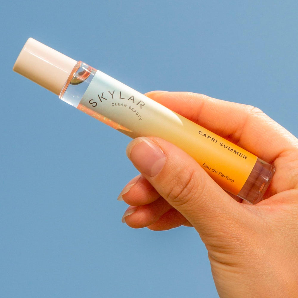 Skylar Capri Summer packaging box shows compact bottle for travel.