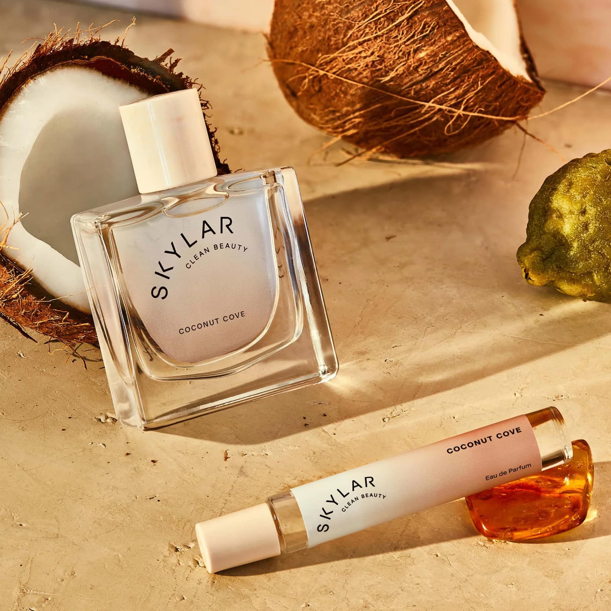Skylar Coconut Cove base-notes with ambrox and woods for lasting impression.