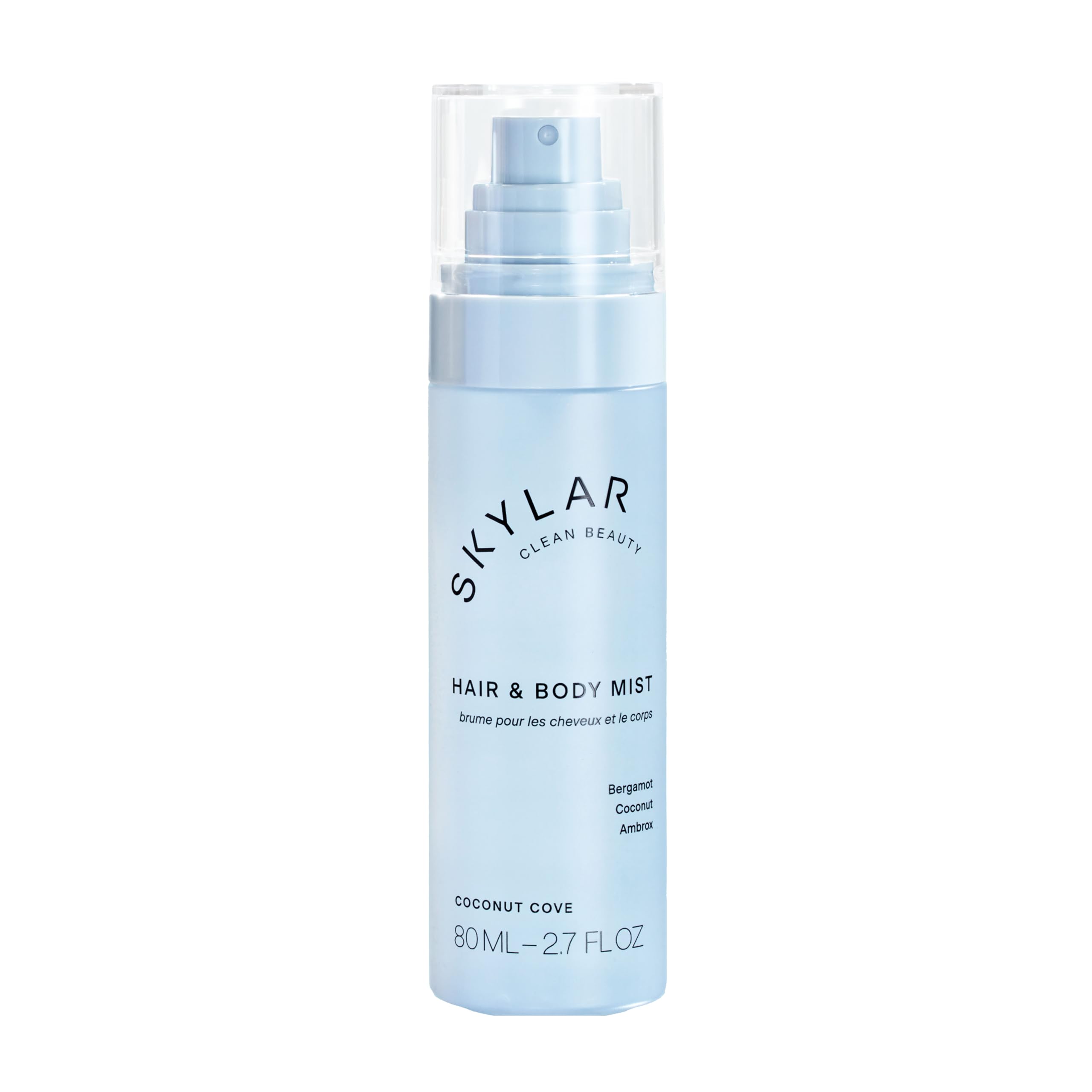 Skylar Coconut Cove hair & body mist bottle front shows light coastal fragrance.