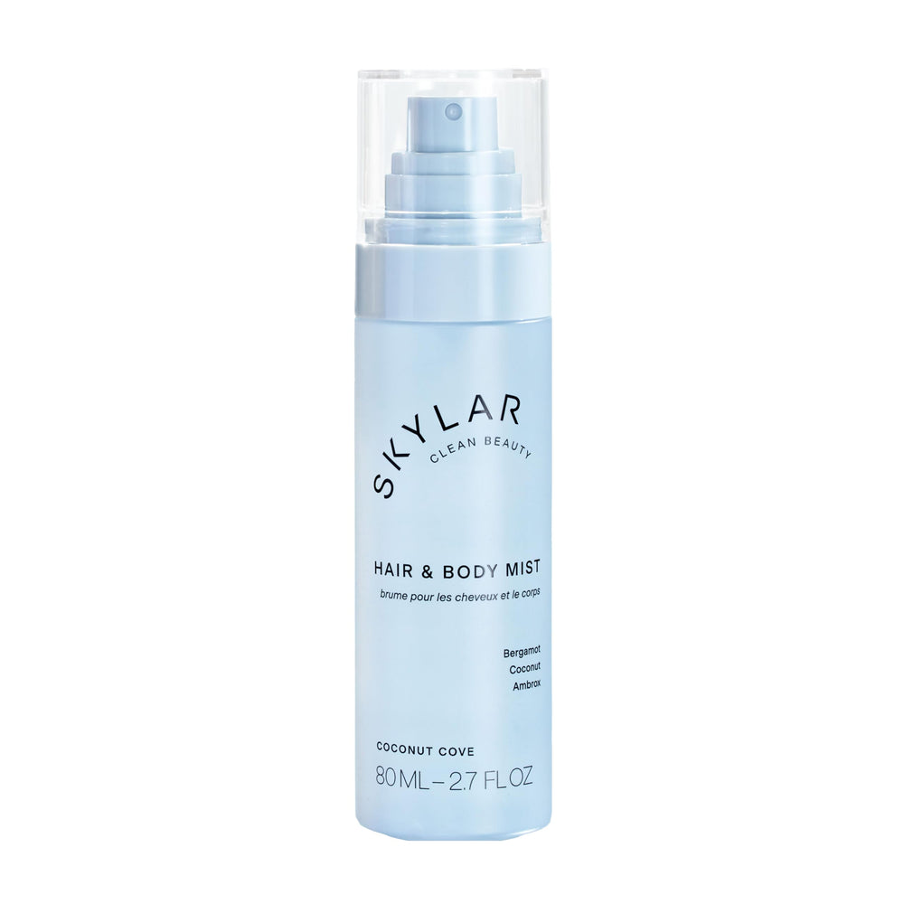 Skylar Coconut Cove hair & body mist bottle front shows light coastal fragrance.