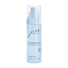 Skylar Coconut Cove hair & body mist bottle front shows light coastal fragrance.