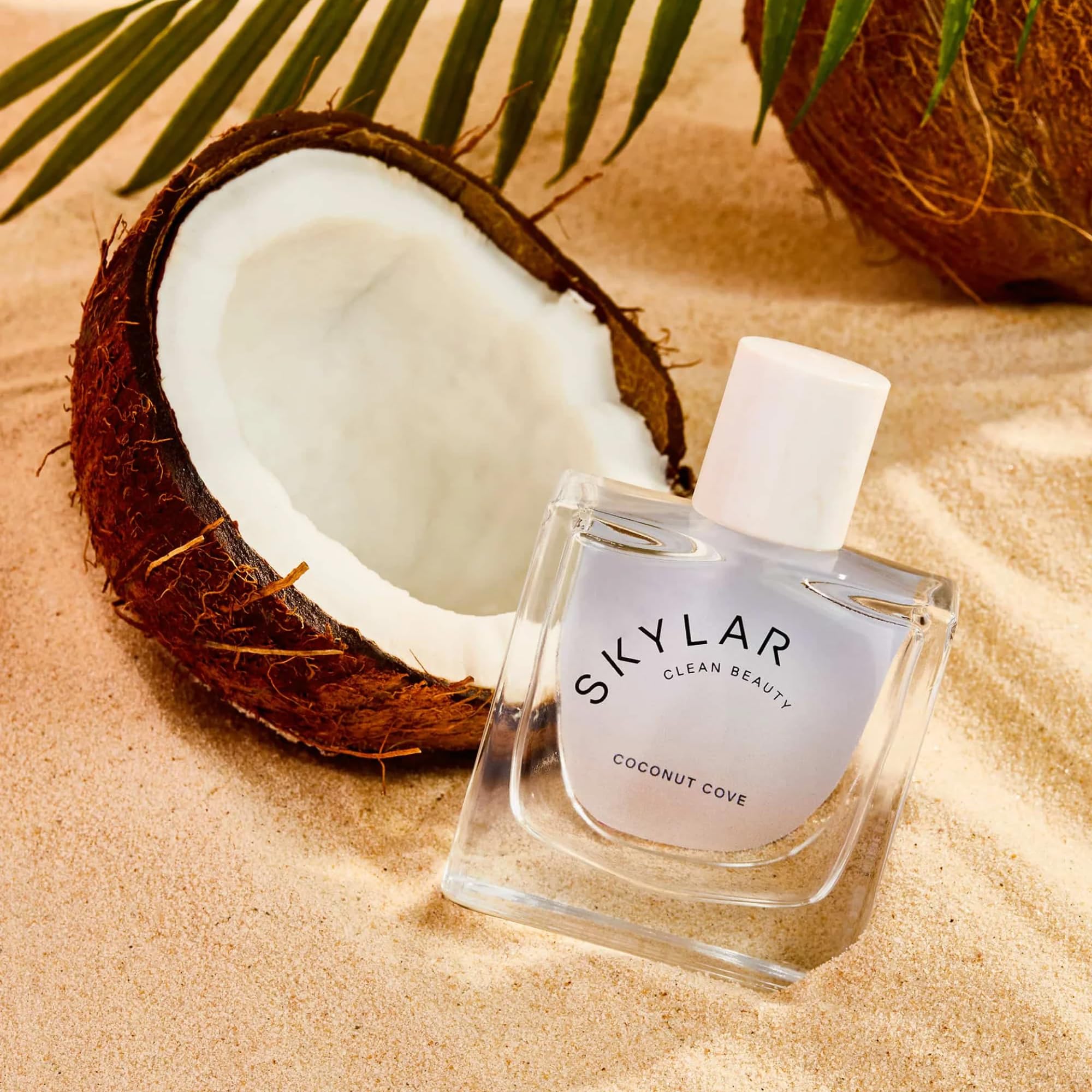 Skylar Coconut Cove packaging box highlighting vegan, clean fragrance promise.