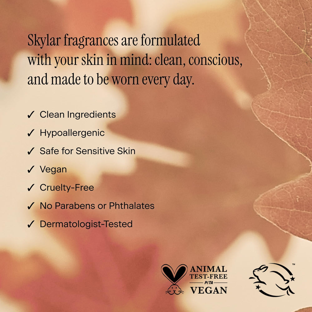 Skylar Fall Cashmere base notes of sandalwood and caramel, lasting depth for evening wear.