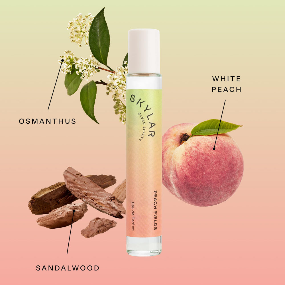 Skylar Peach Fields base notes image emphasizes warm sandalwood and amber for lasting depth.