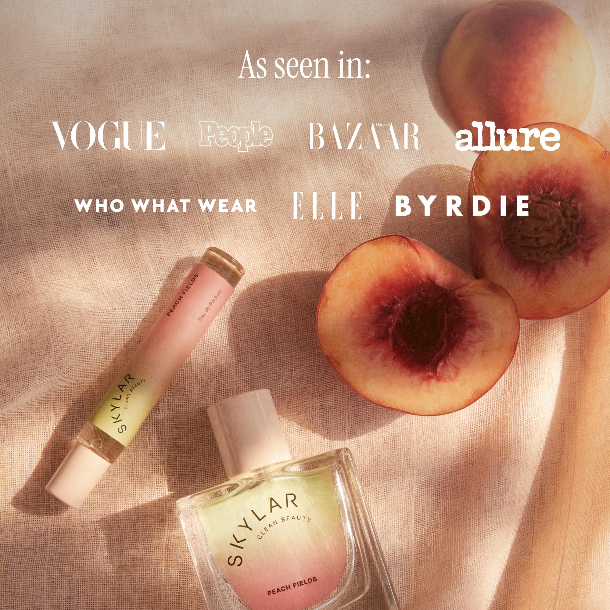 Skylar Peach Fields model wearing fragrance suggests versatile scent for women and men.