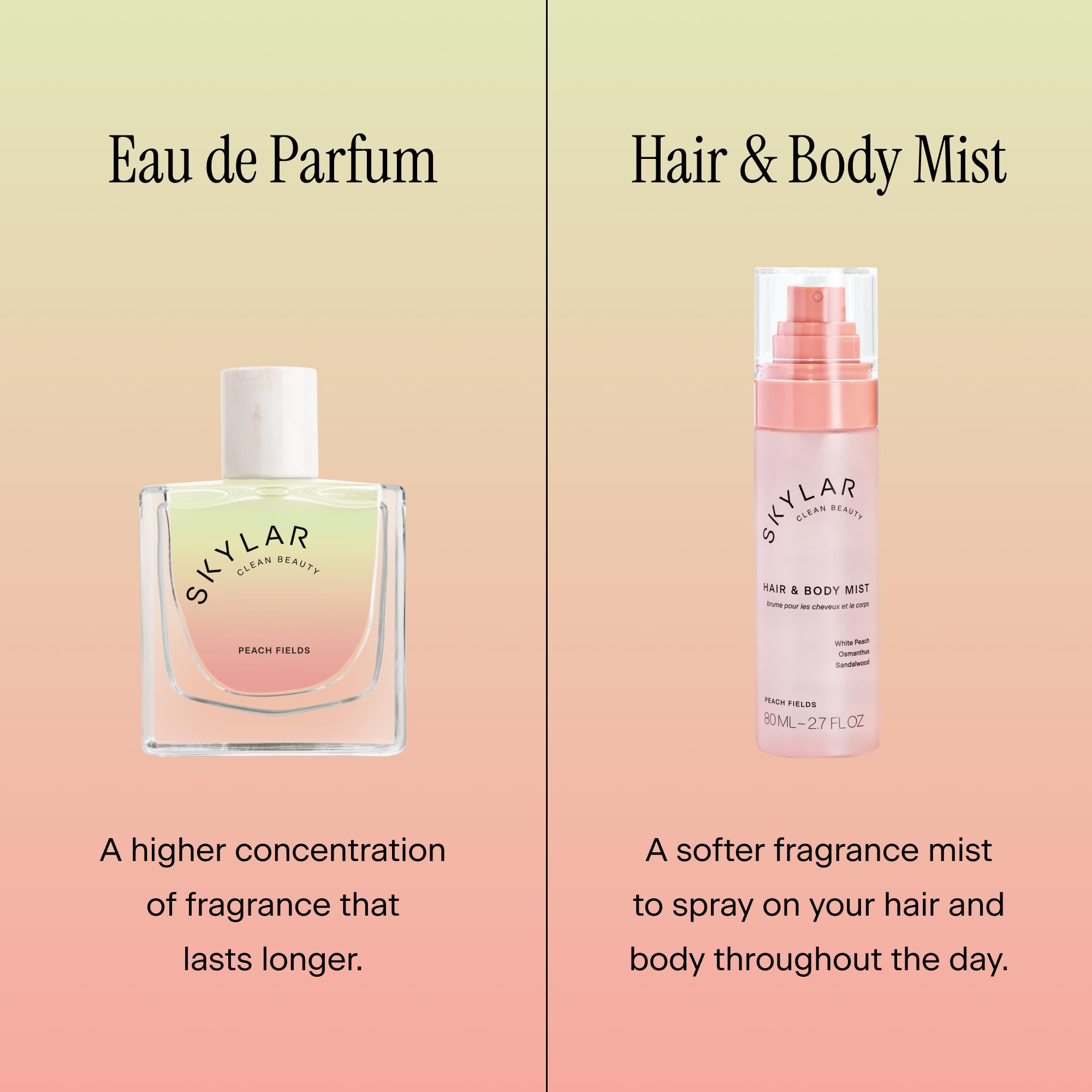 Skylar Peach Fields scent notes reveal peach, sandalwood, osmanthus for versatile daily wear