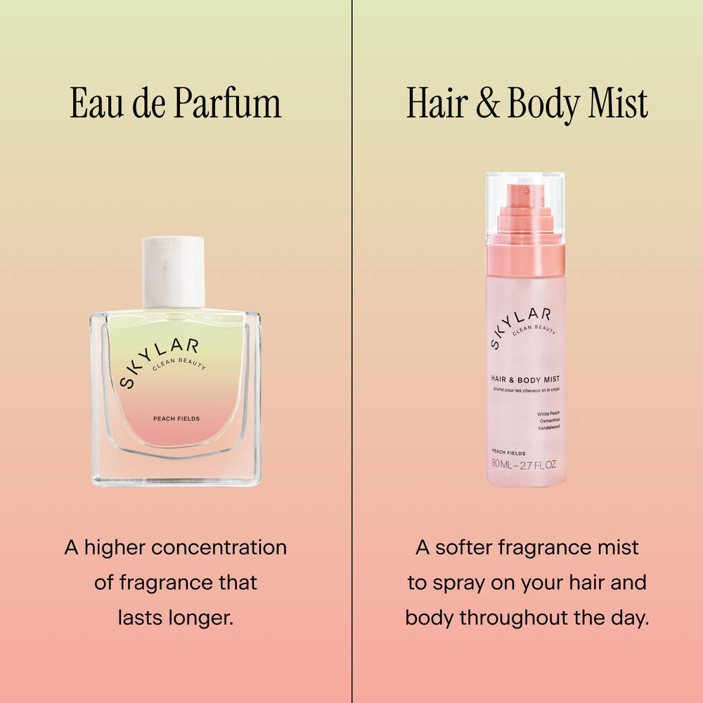Skylar Peach Fields scent notes reveal peach, sandalwood, osmanthus for versatile daily wear