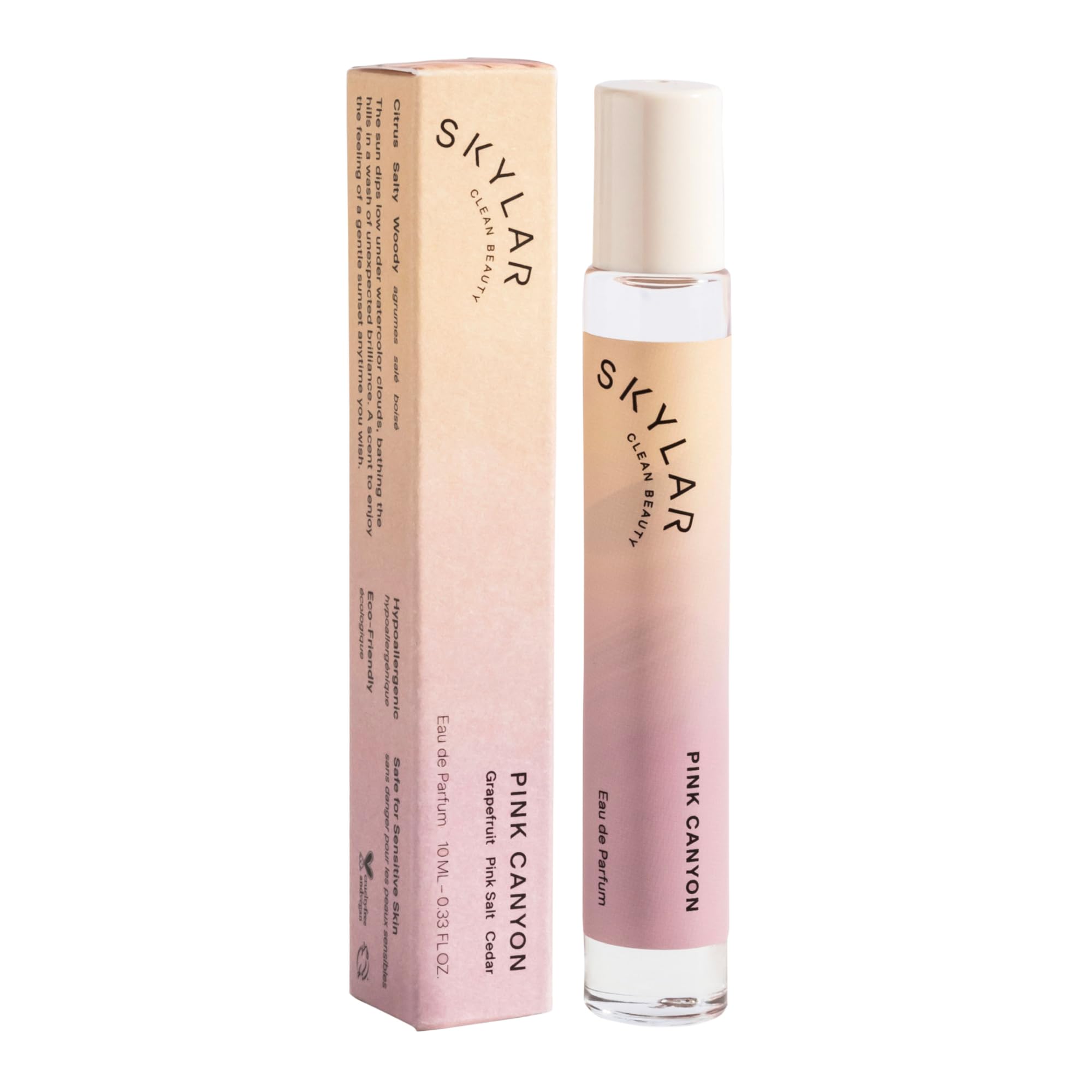 Skylar Pink Canyon bottle front shows clean, versatile daily fragrance design for all-day wear.