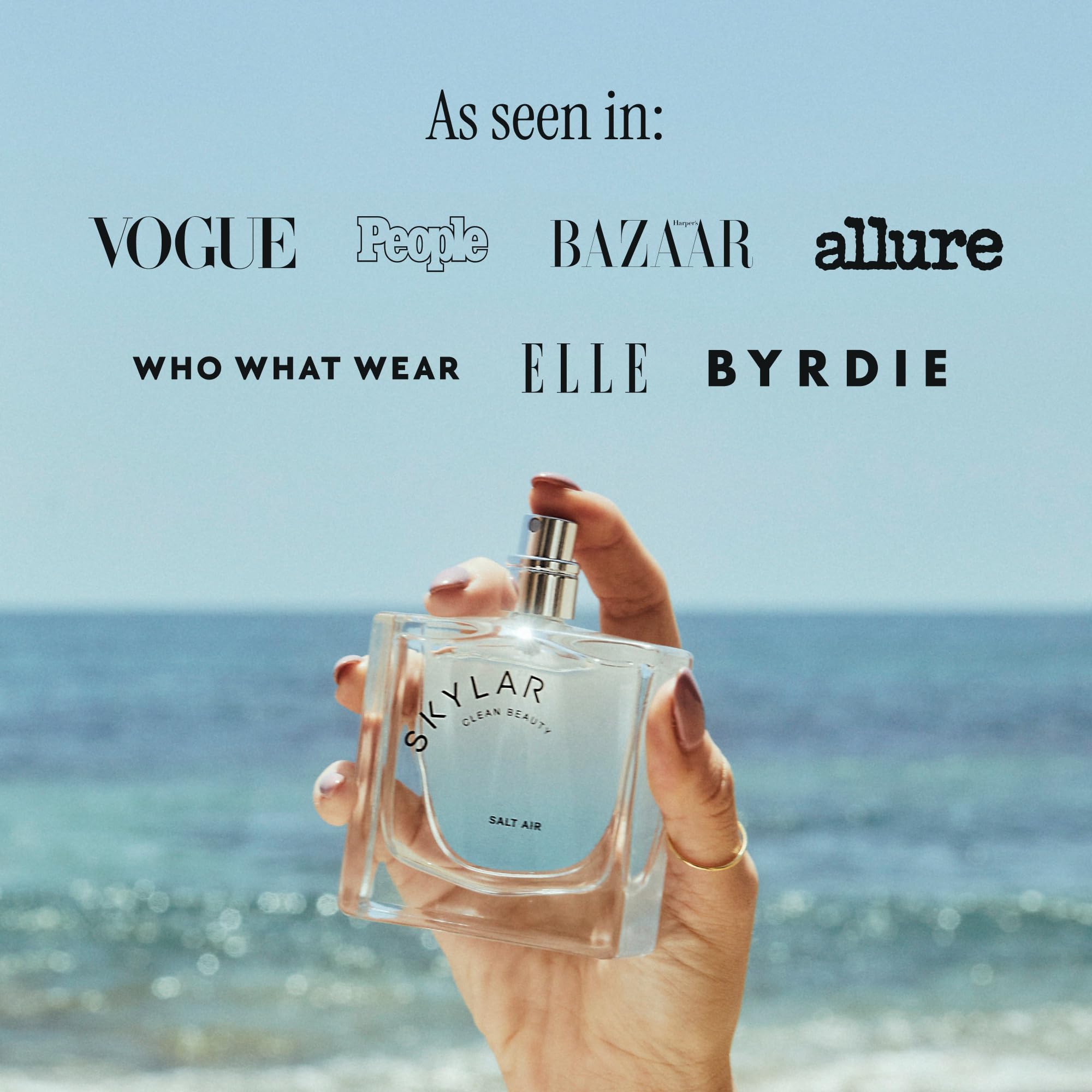 Skylar Salt Air 50mL bottle on a travel-case setup suggests convenient daily use.