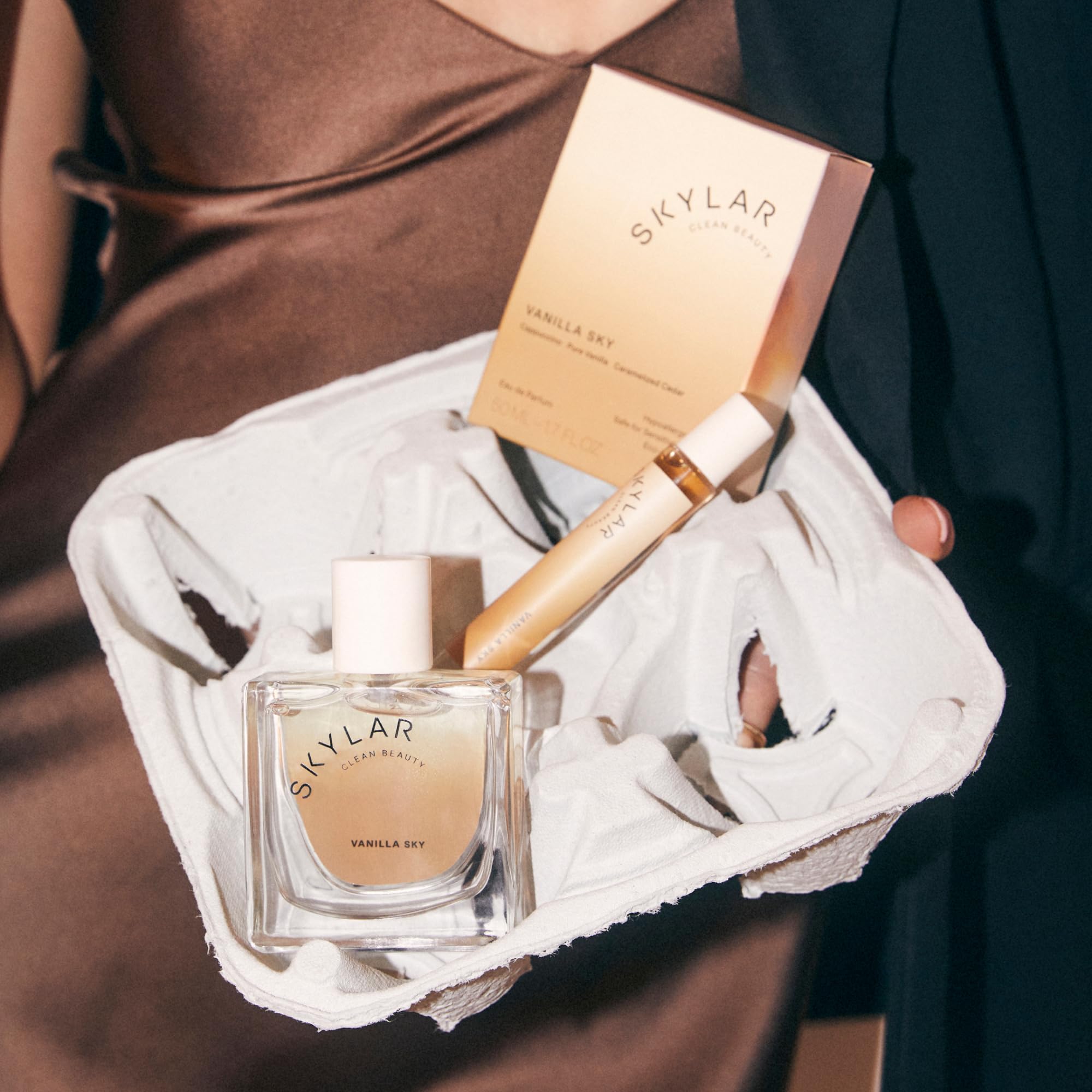 Skylar Vanilla Sky packaging box highlighting clean beauty values.