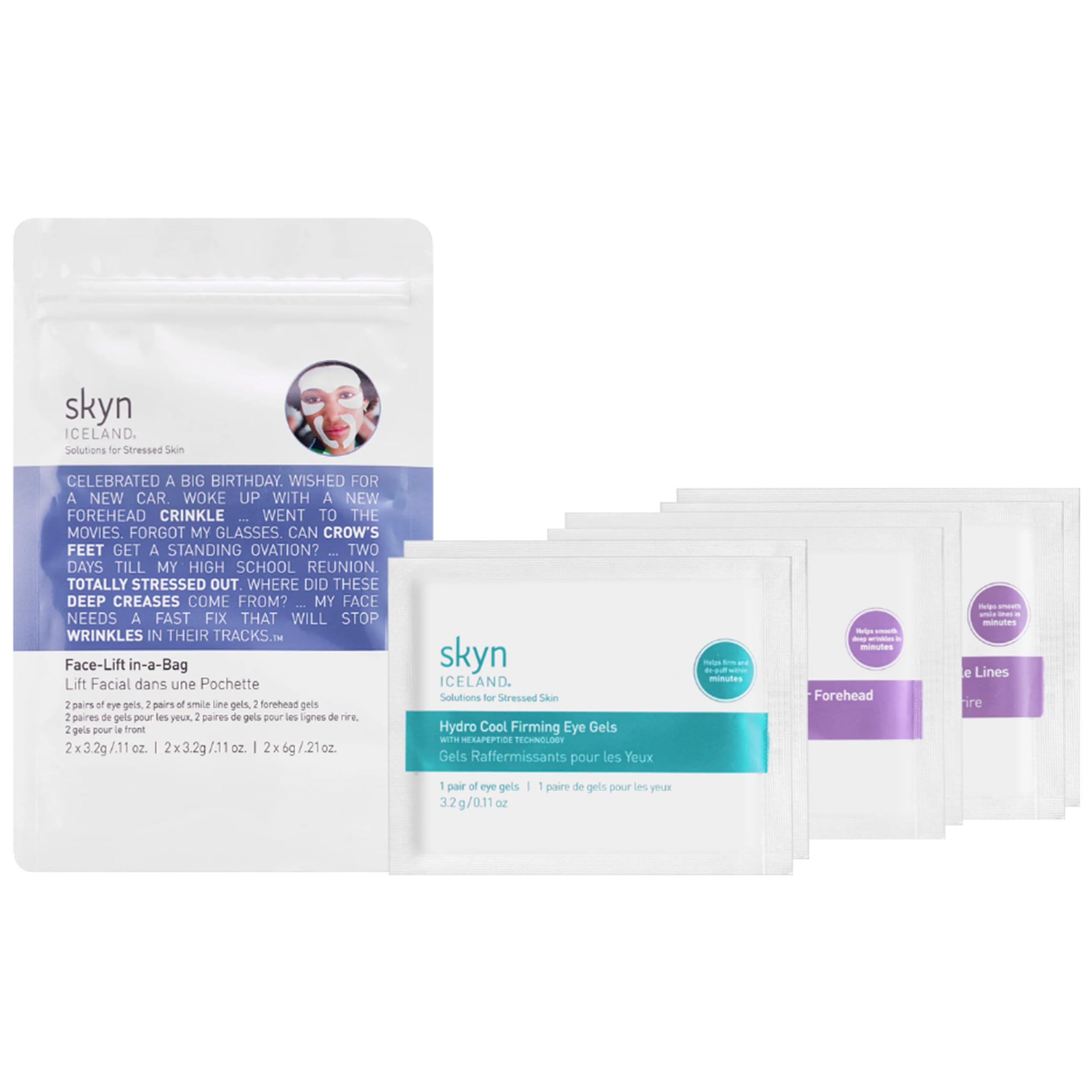 Skyn ICELAND Face-Lift in-a-Bag forehead patch delivers cooling, smoothing results.