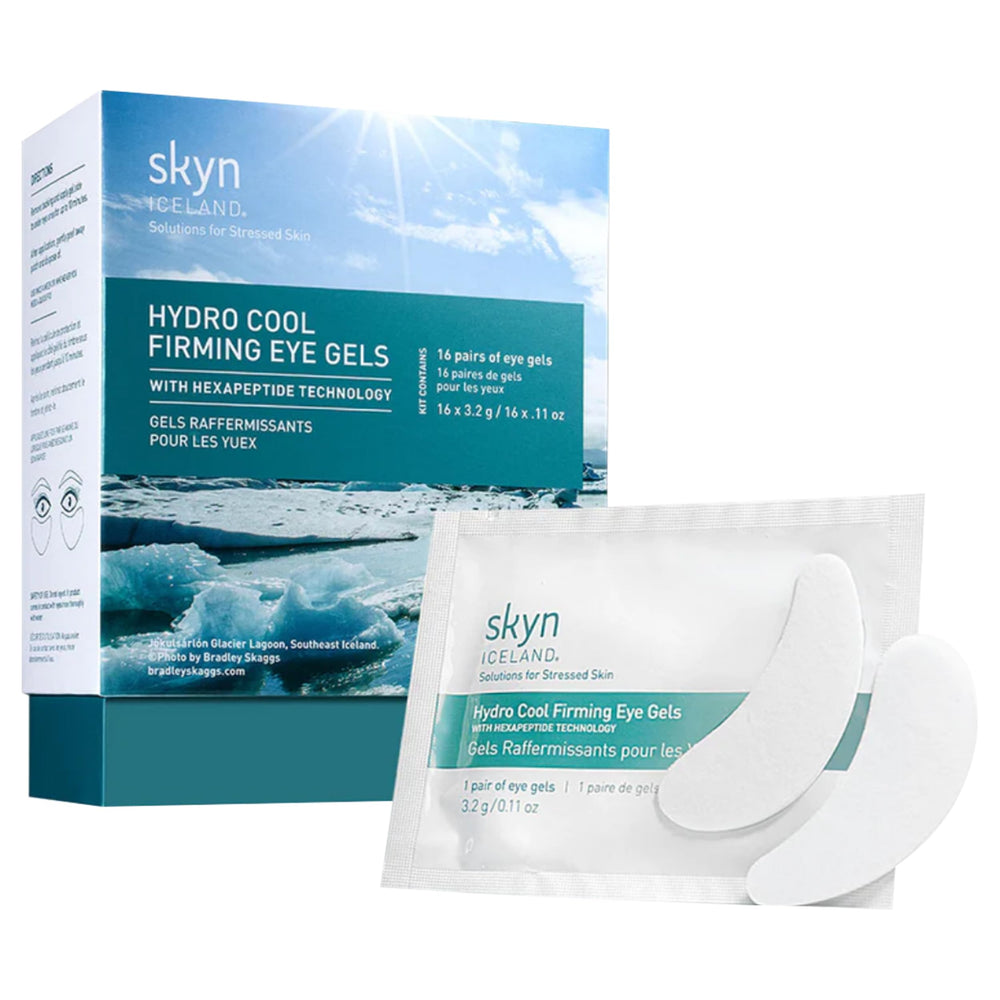 Skyn ICELAND Hydro Cool Firming Under Eye Patches in use for instant cooling relief under eyes