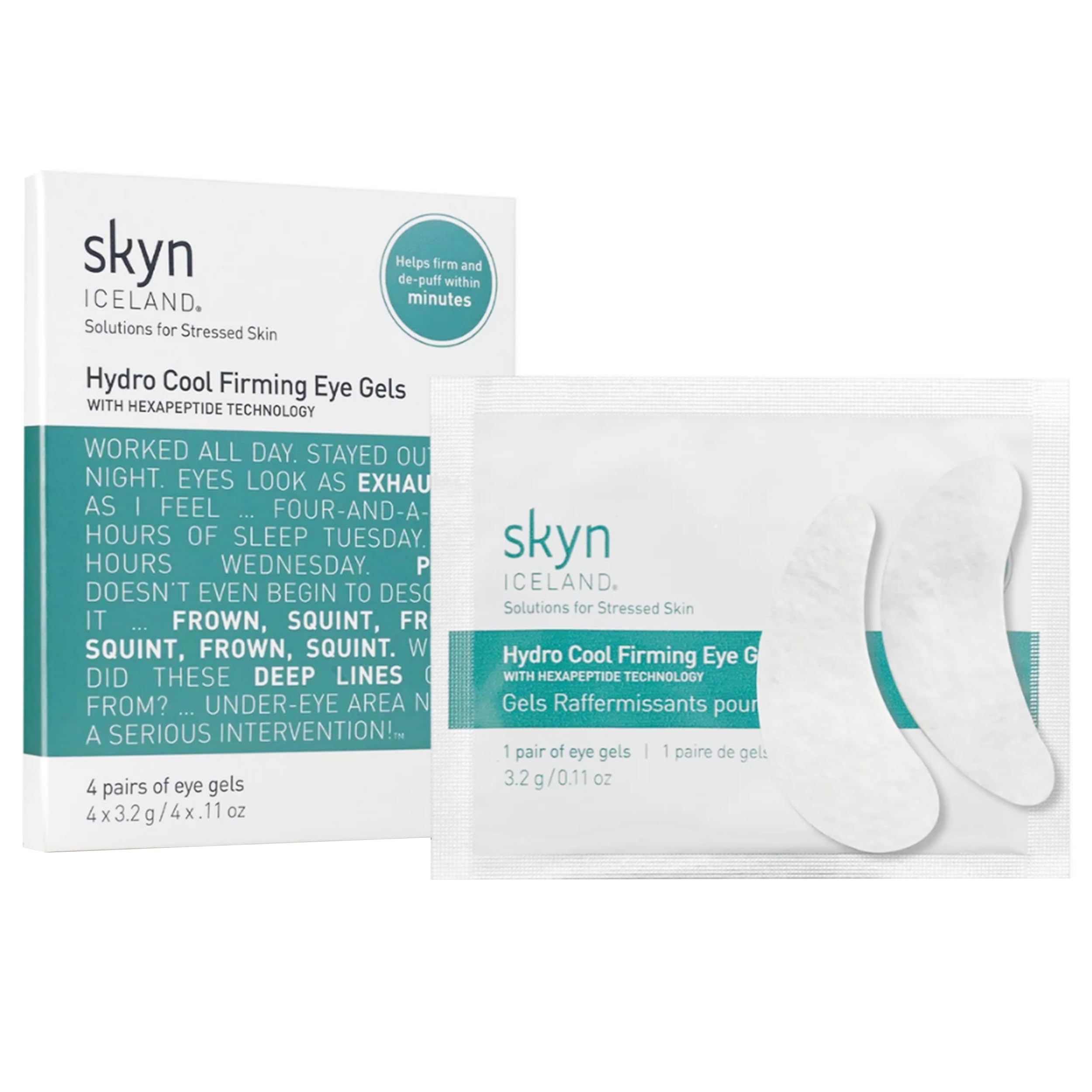 Skyn ICELAND Hydro Cool Under Eye Patches pack close-up highlighting cooling and firming benefits.