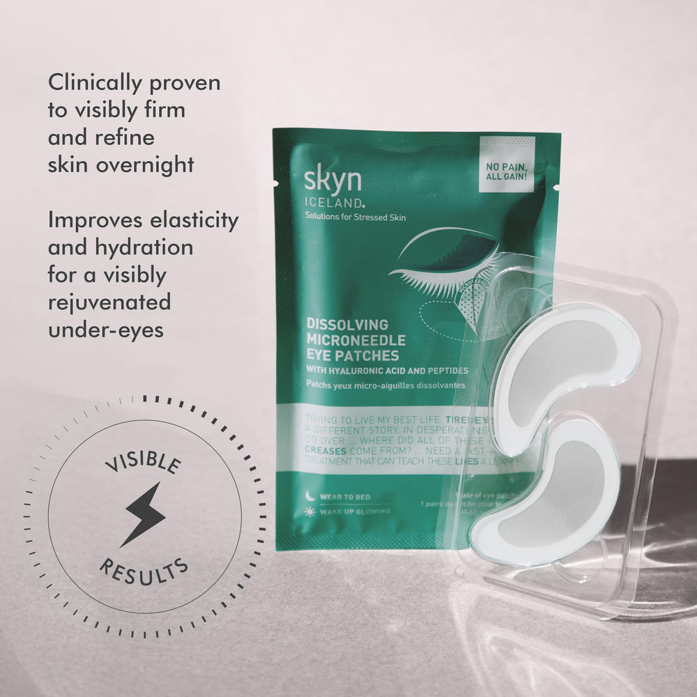 Skyn ICELAND under-eye patches worn to reduce puffiness and smooth fine lines.