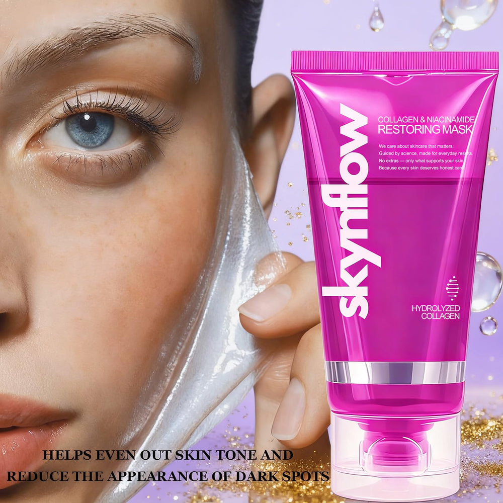Skynflow Collagen Mask label highlights hydrolyzed collagen for elasticity support.
