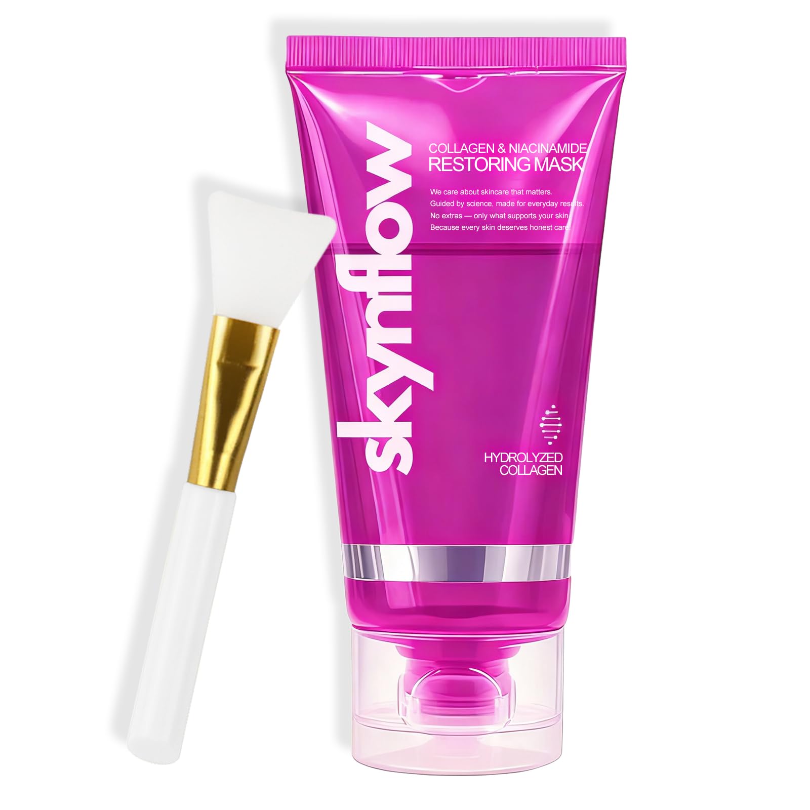 Skynflow Collagen Mask jar demonstrates the overnight wrap for hydrated, refreshed skin by morning.