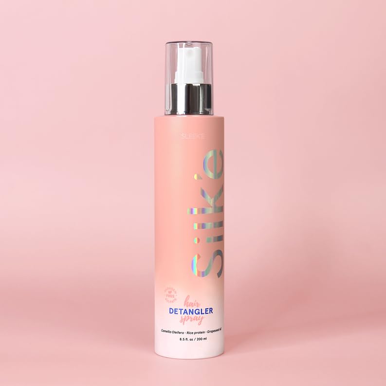 Sleek'e Hair Silk'e Detangler Spray being used on tangled hair for gentle detangling.