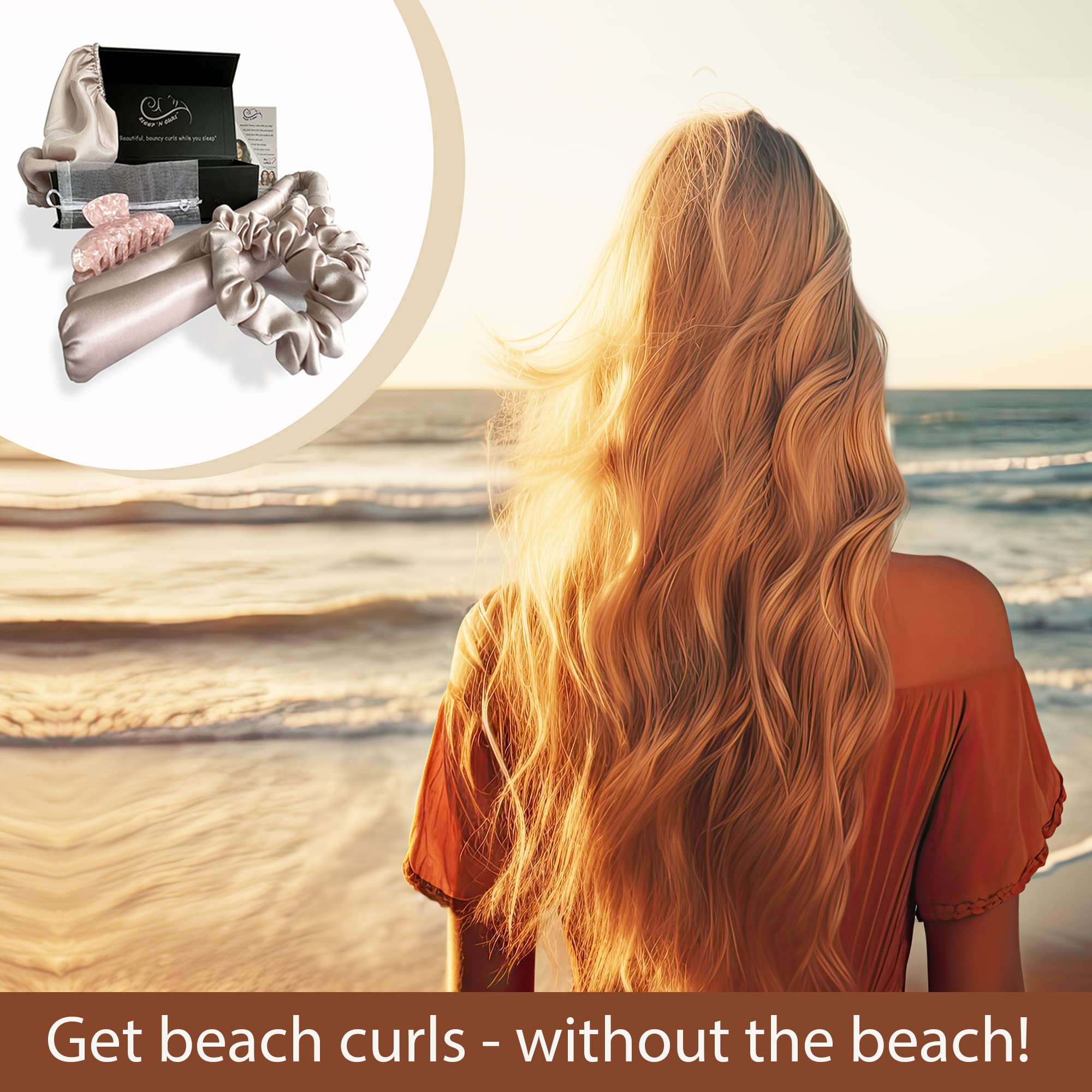 Sleep 'N Curl silk ribbon-curler in action showing heatless curls and shine.