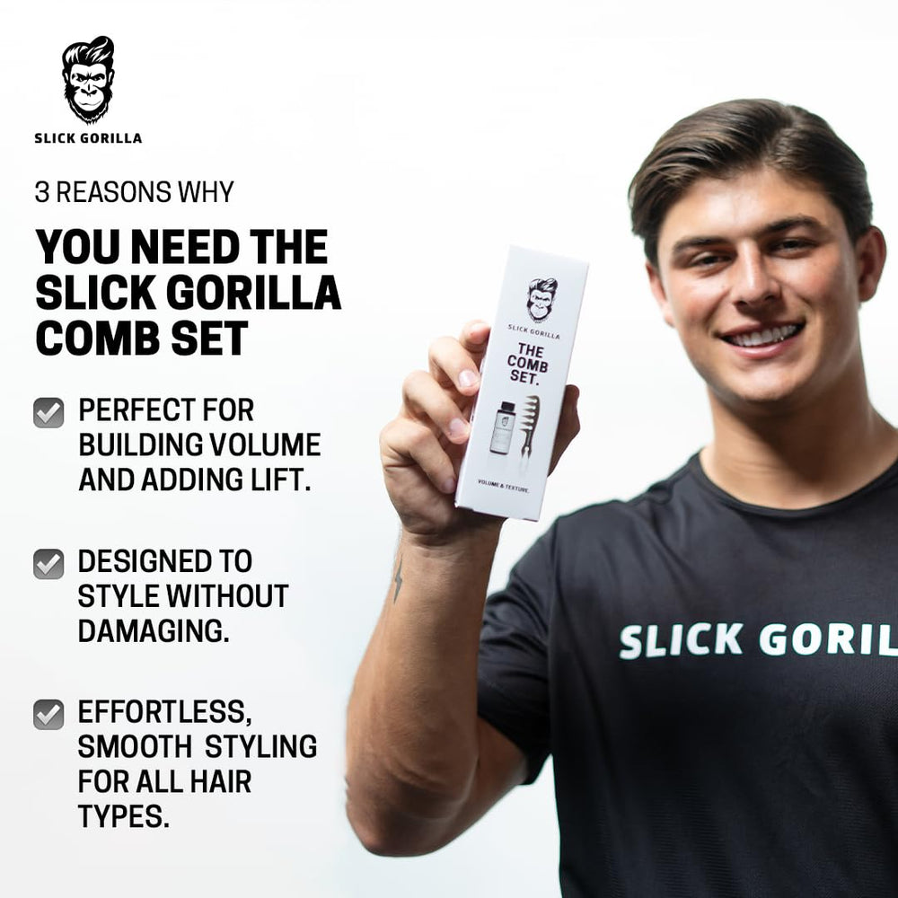 Slick Gorilla carbon comb wide teeth detangles with anti-static action for smoother styling.