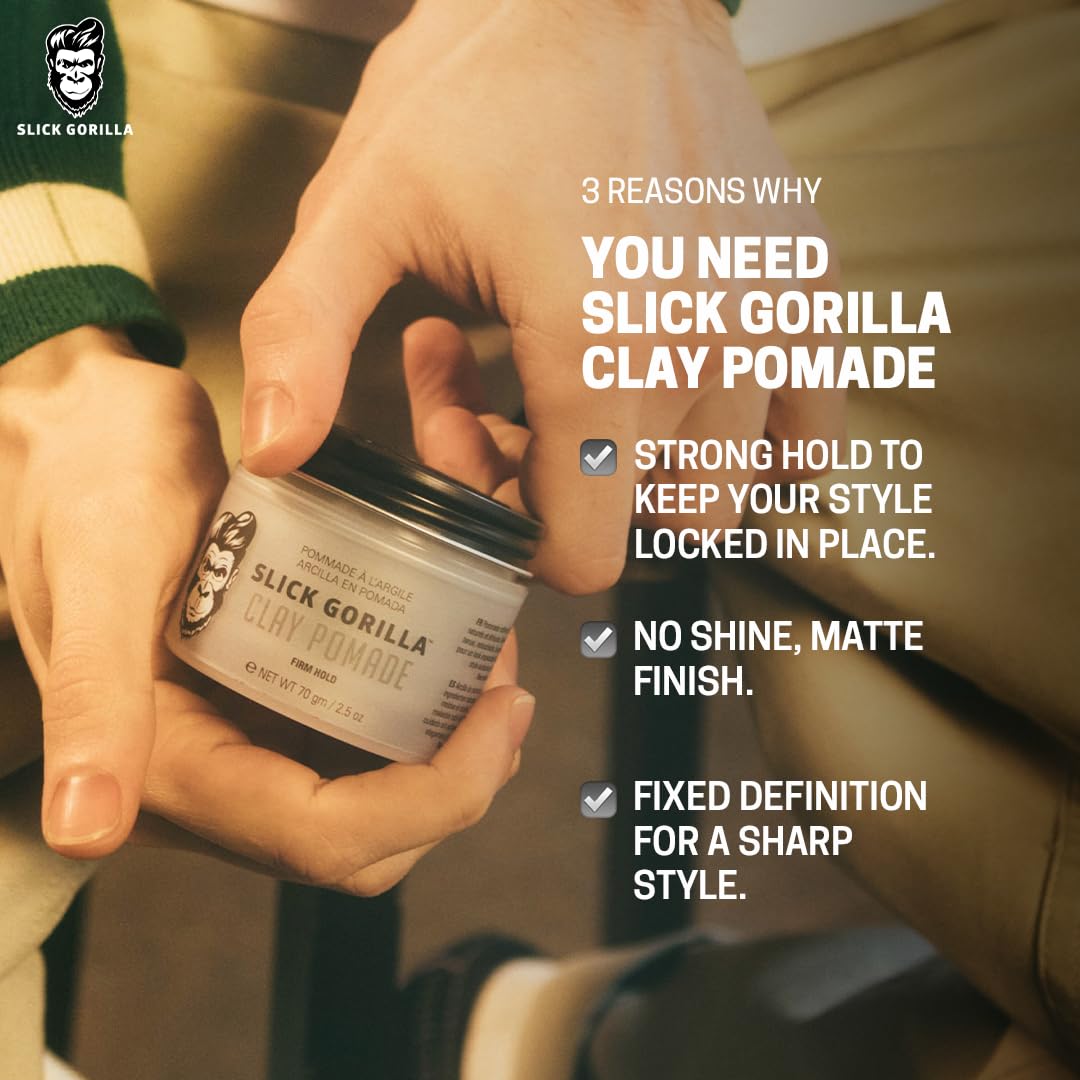 Slick Gorilla clay pomade on textured hair for controlled, non greasy volume.