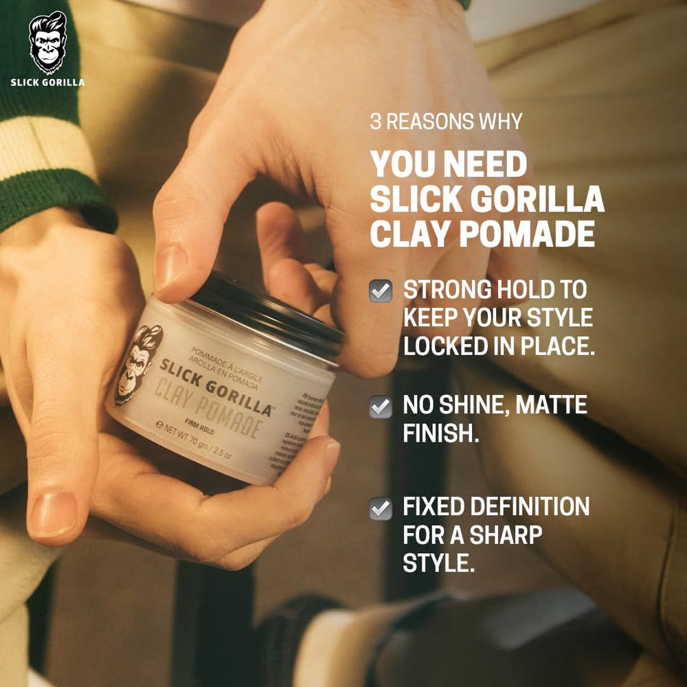 Slick Gorilla clay pomade on textured hair for controlled, non greasy volume.
