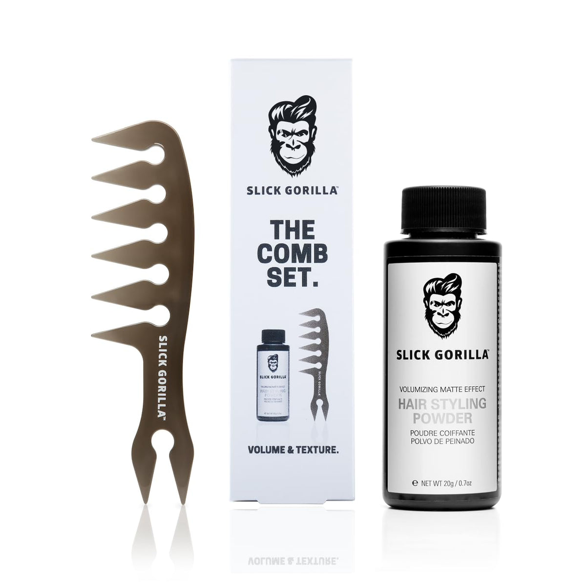 Slick Gorilla volumizing powder 20g pour shows weightless lift for textured hair.