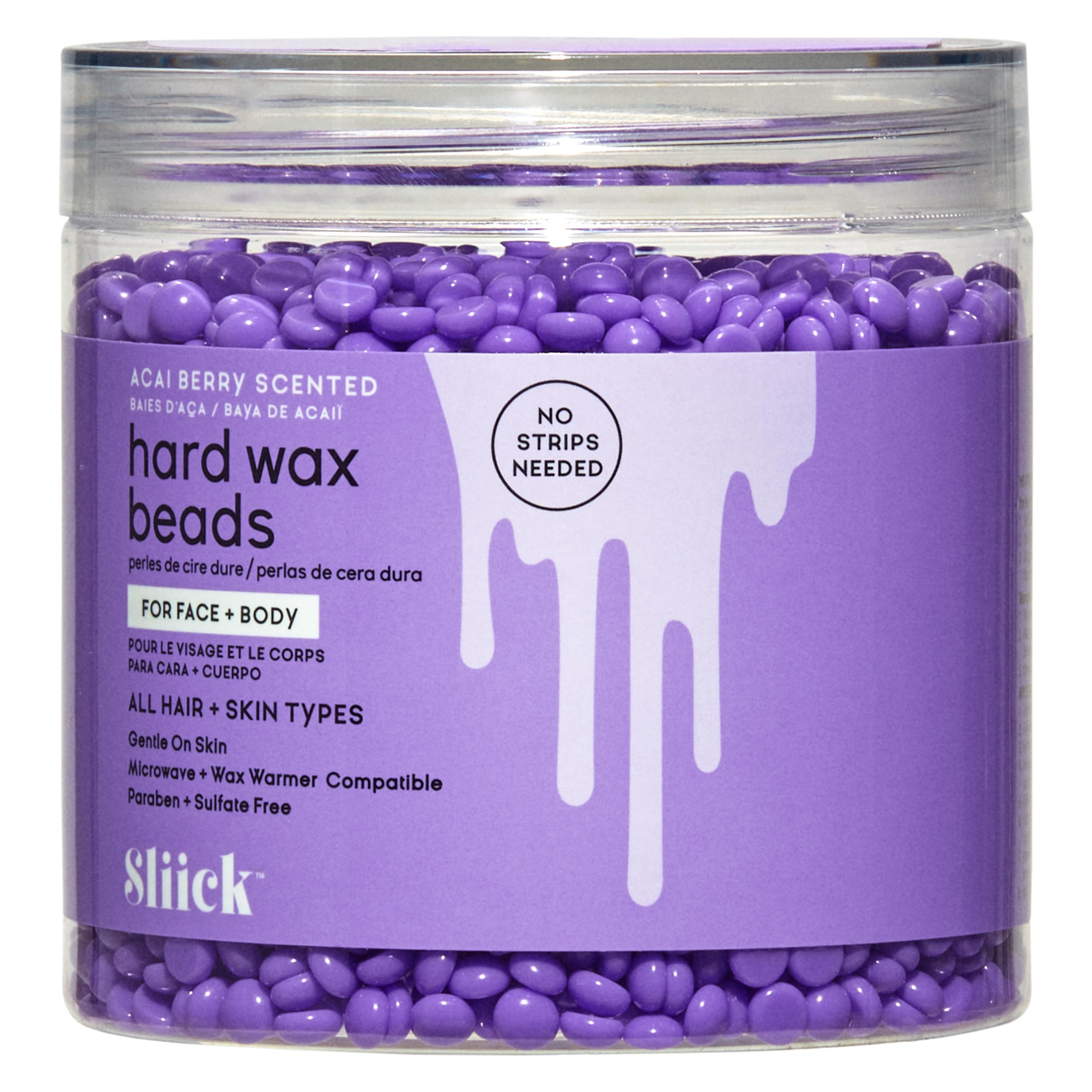 Sliick hard wax beads Acai Berry pack ready for at-home hair removal, mess-free.