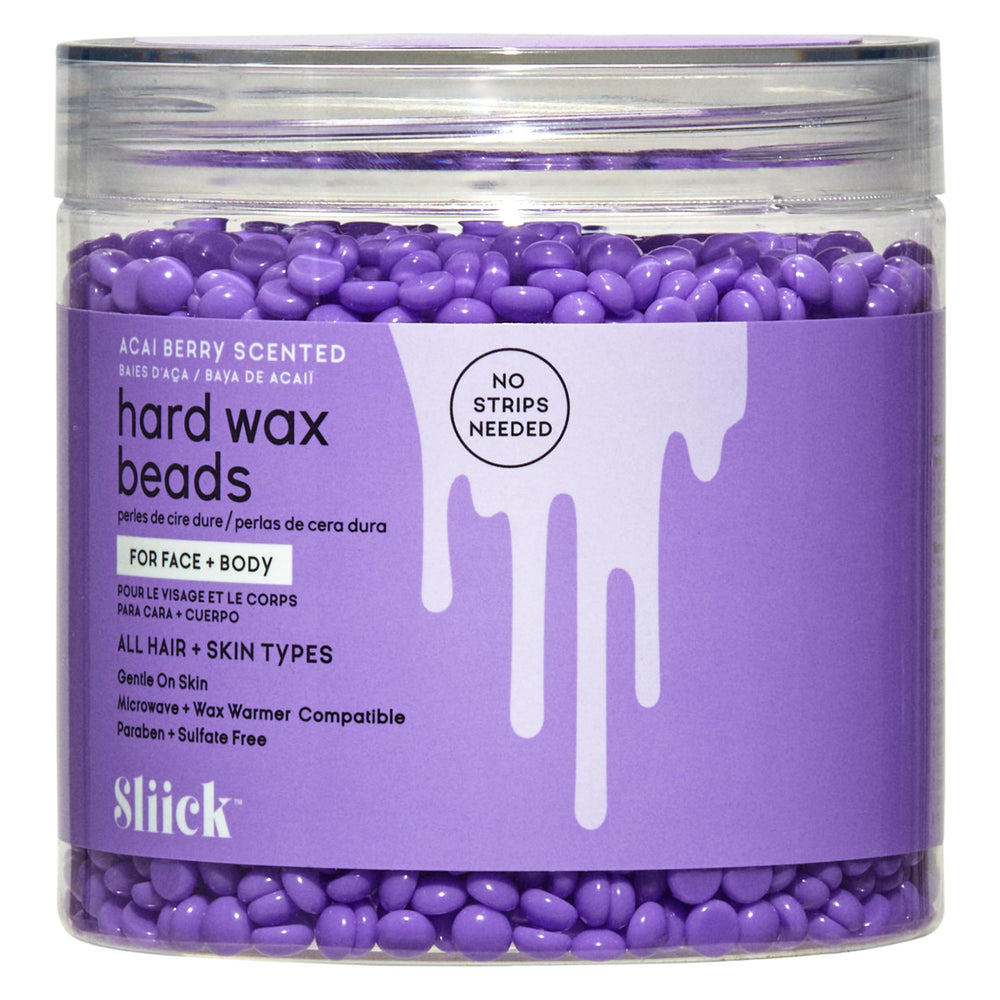 Sliick hard wax beads Acai Berry pack ready for at-home hair removal, mess-free.