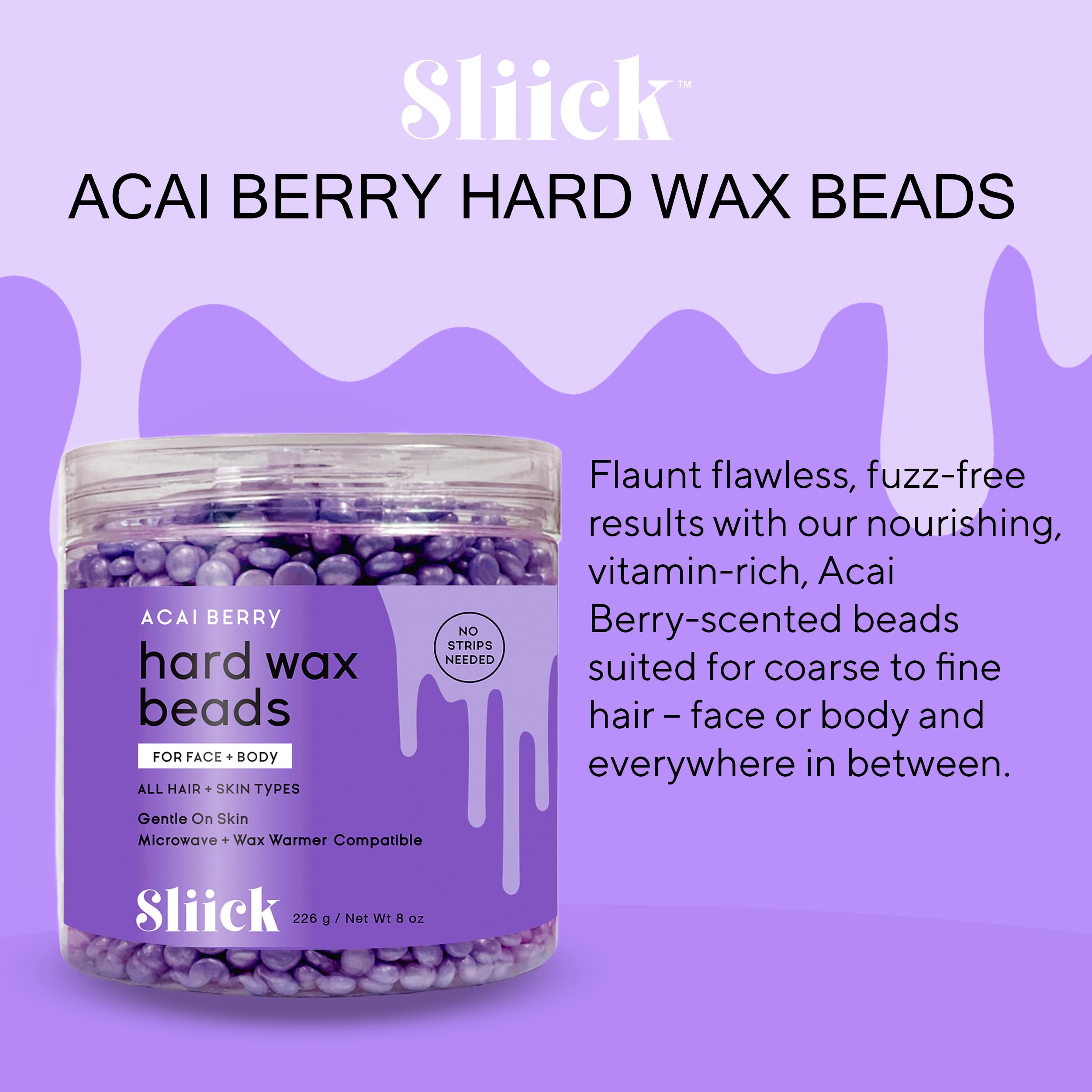 Sliick wax beads application scene showing easy heat and no strips required.