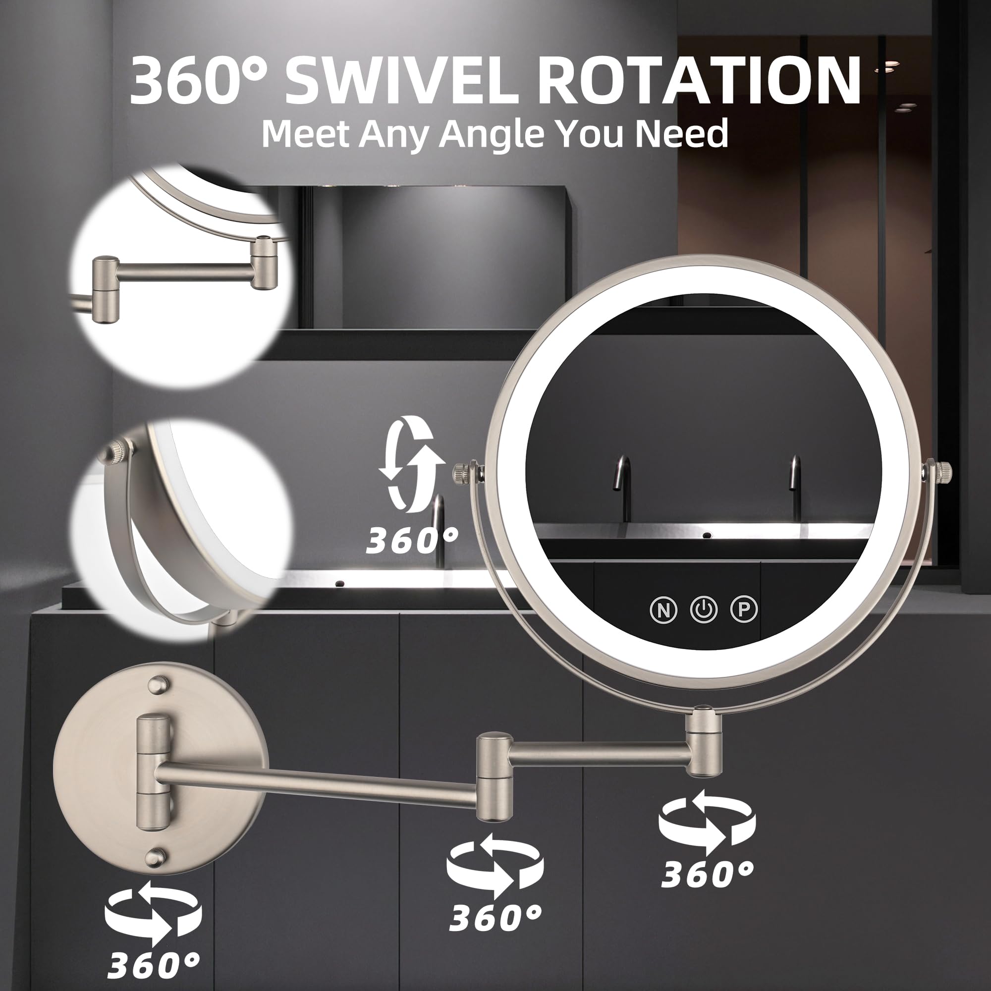 SLIMOON nickel extendable arm design for flexible vanity placement.