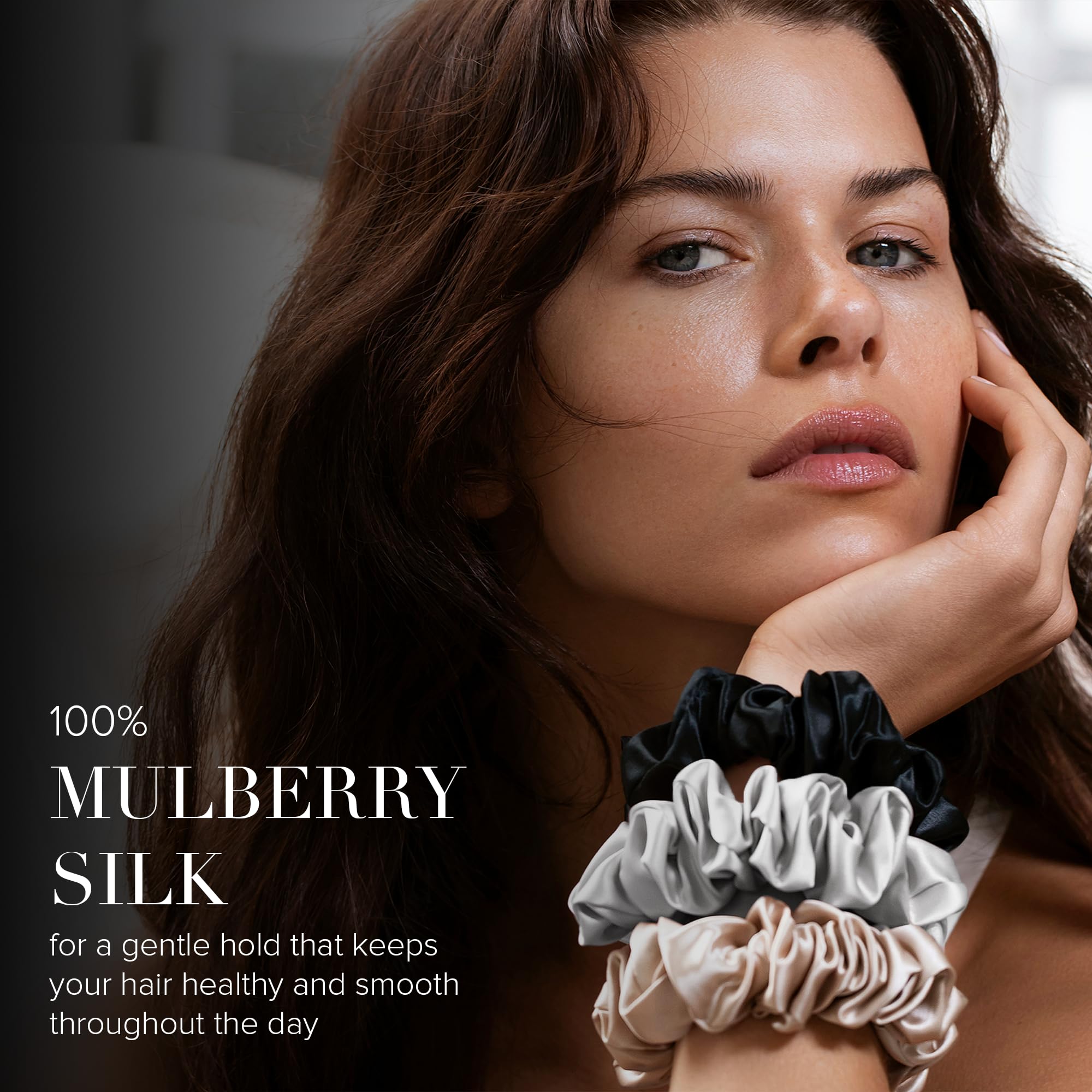 SLIP dark brown large scrunchie shown for voluminous, secure hairstyles.