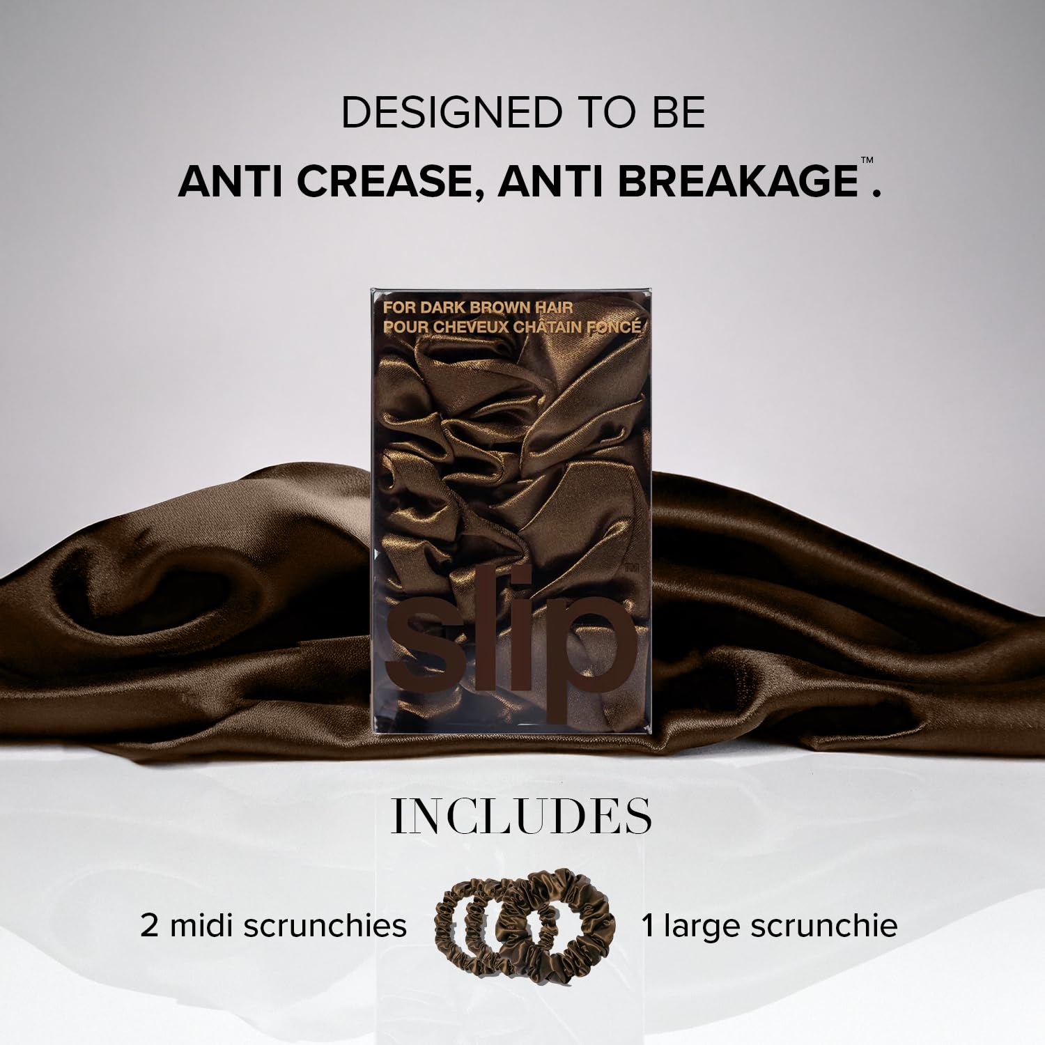 SLIP dark brown silk close-up emphasizes luxurious, crease-resistant fabric.