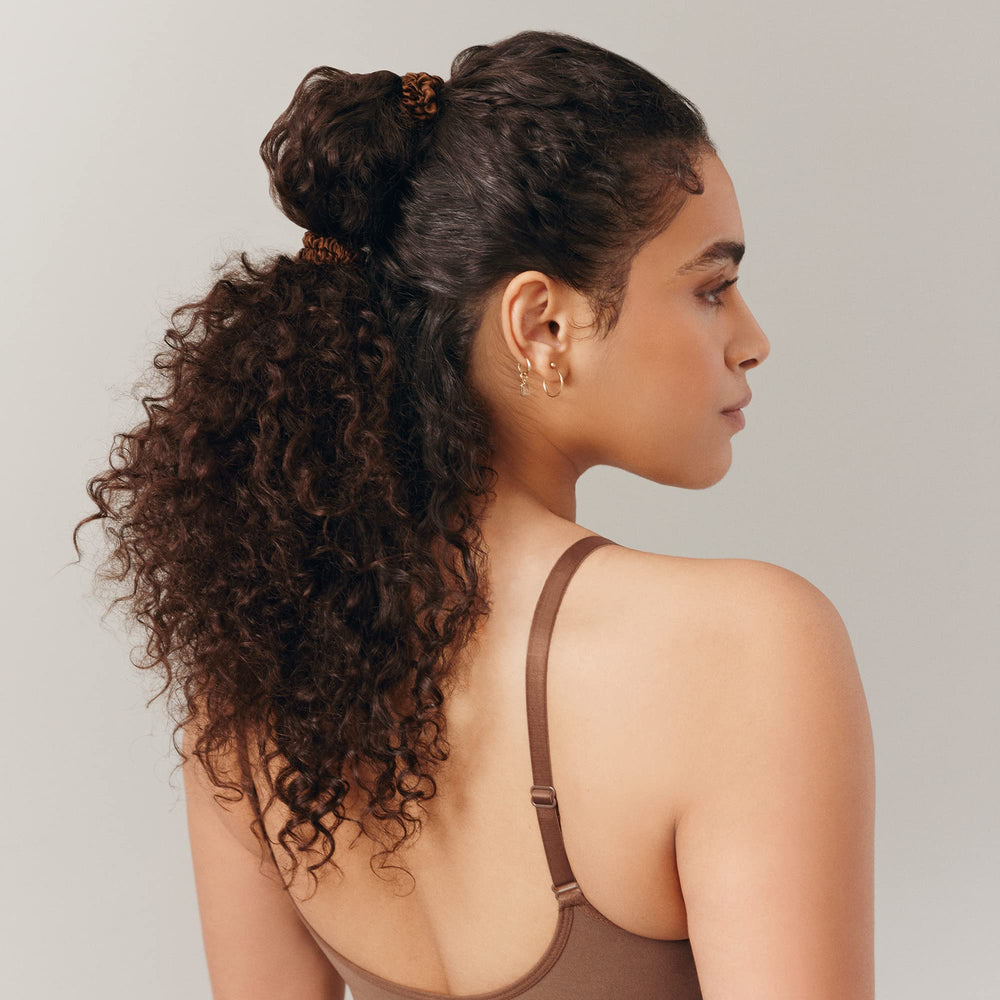 SLIP dark brown silk skinny scrunchies ponytail; elegant, sleek look with soft grip.
