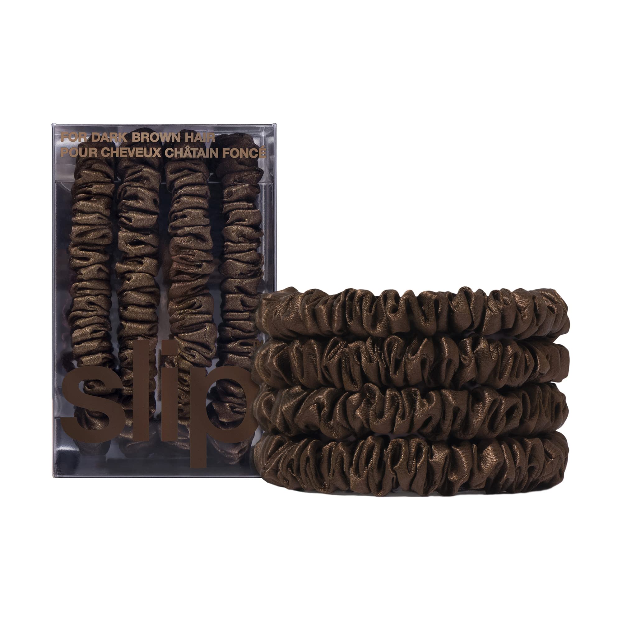 SLIP dark brown skinny scrunchies pack-4; silky comfort for gentle, secure ponytails.