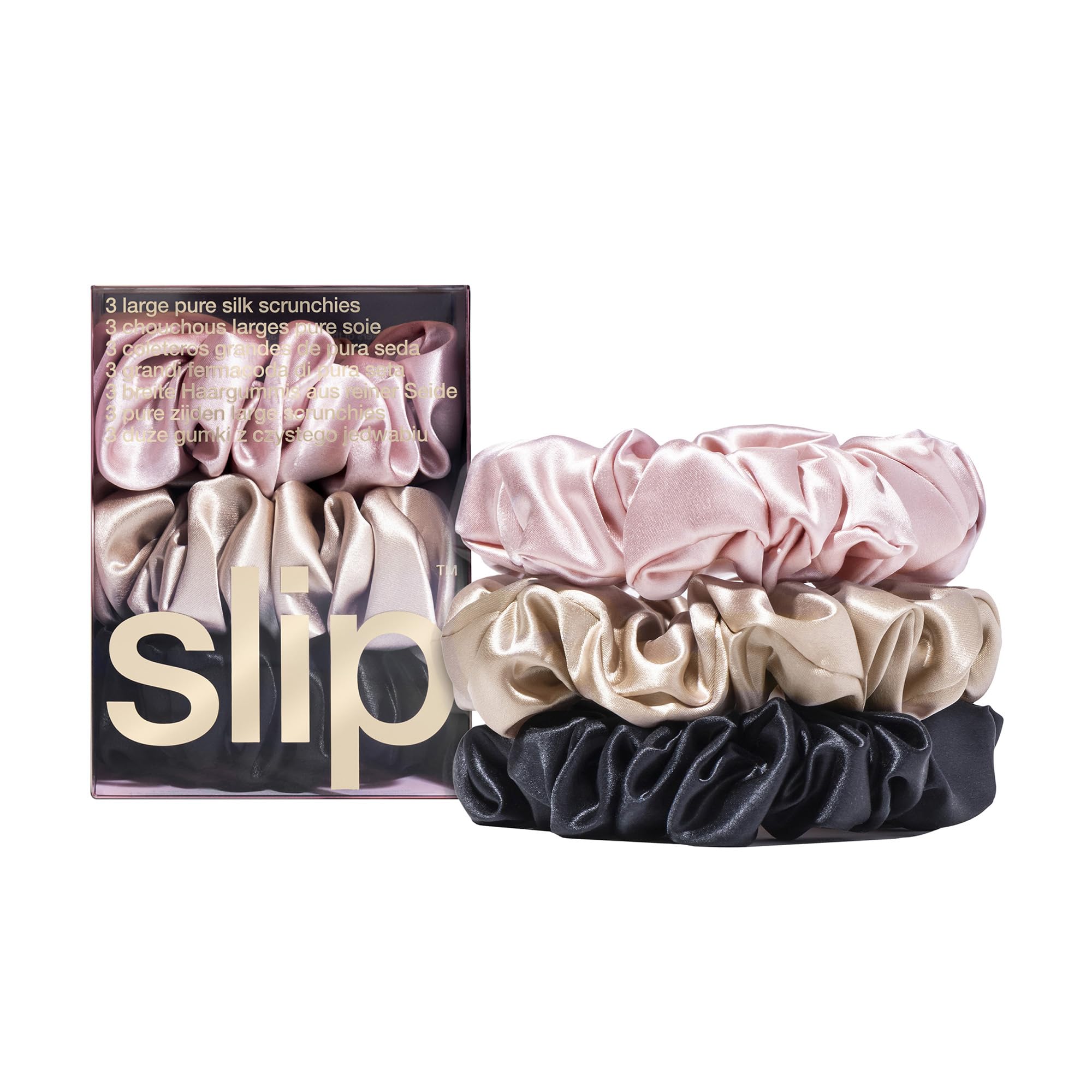 SLIP Large Scrunchie Multi pink close-up shows luxurious silk for gentle hair care.